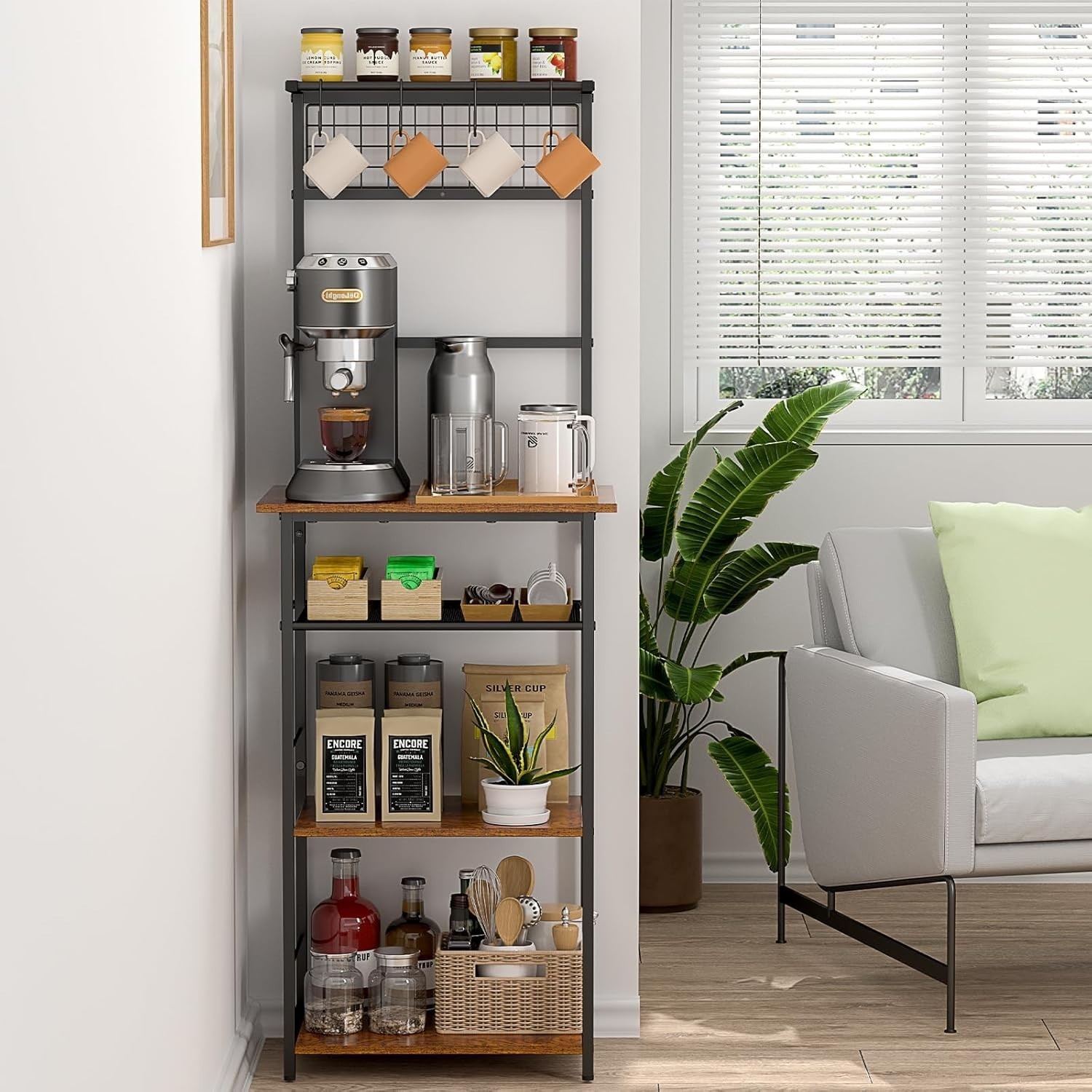 5 Tier Coffee Bar Station Kitchen Stand W/ 4 S-Shaped Hooks Farmhouse Corner