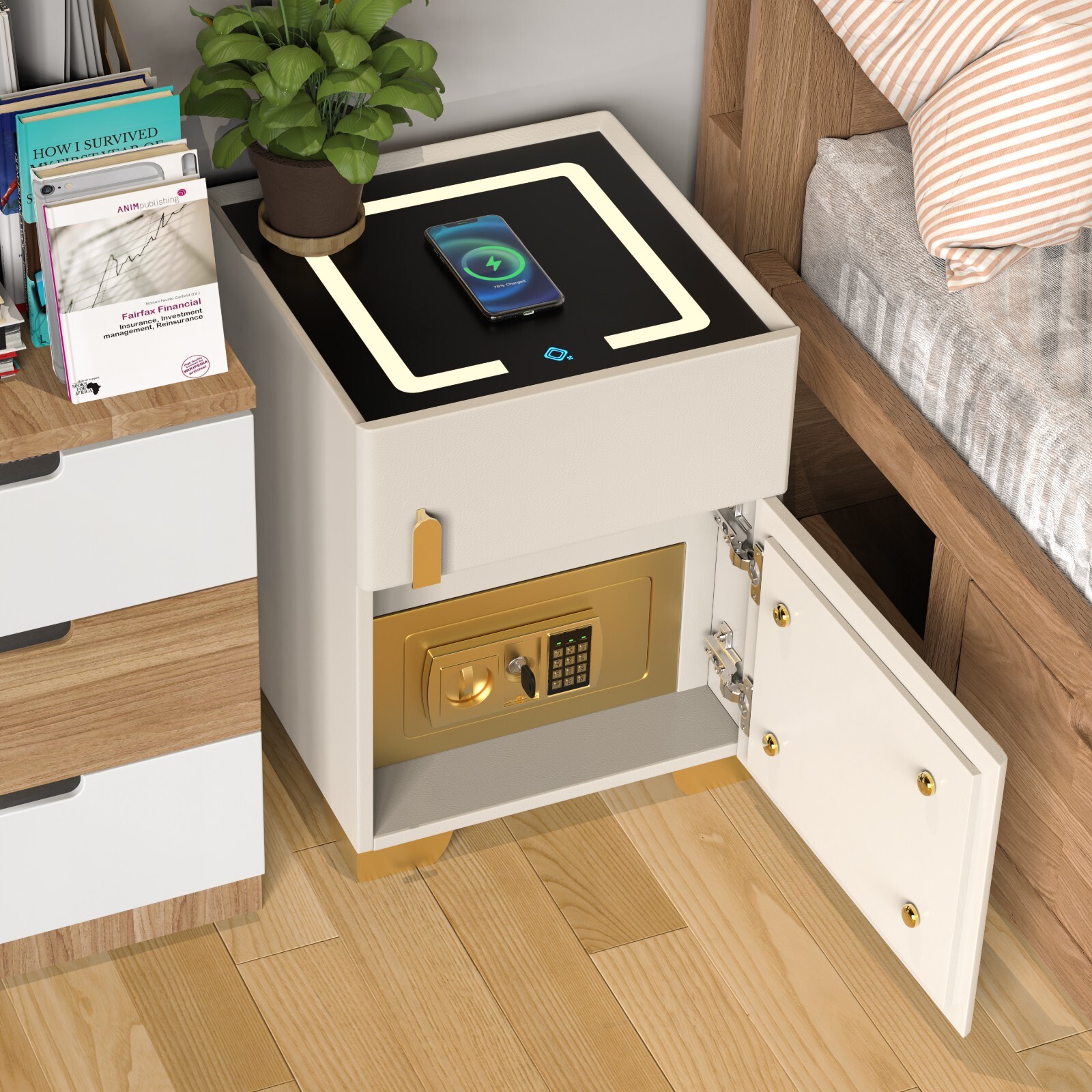 Off-white smart bedside table with safe, wireless charging + three-color light