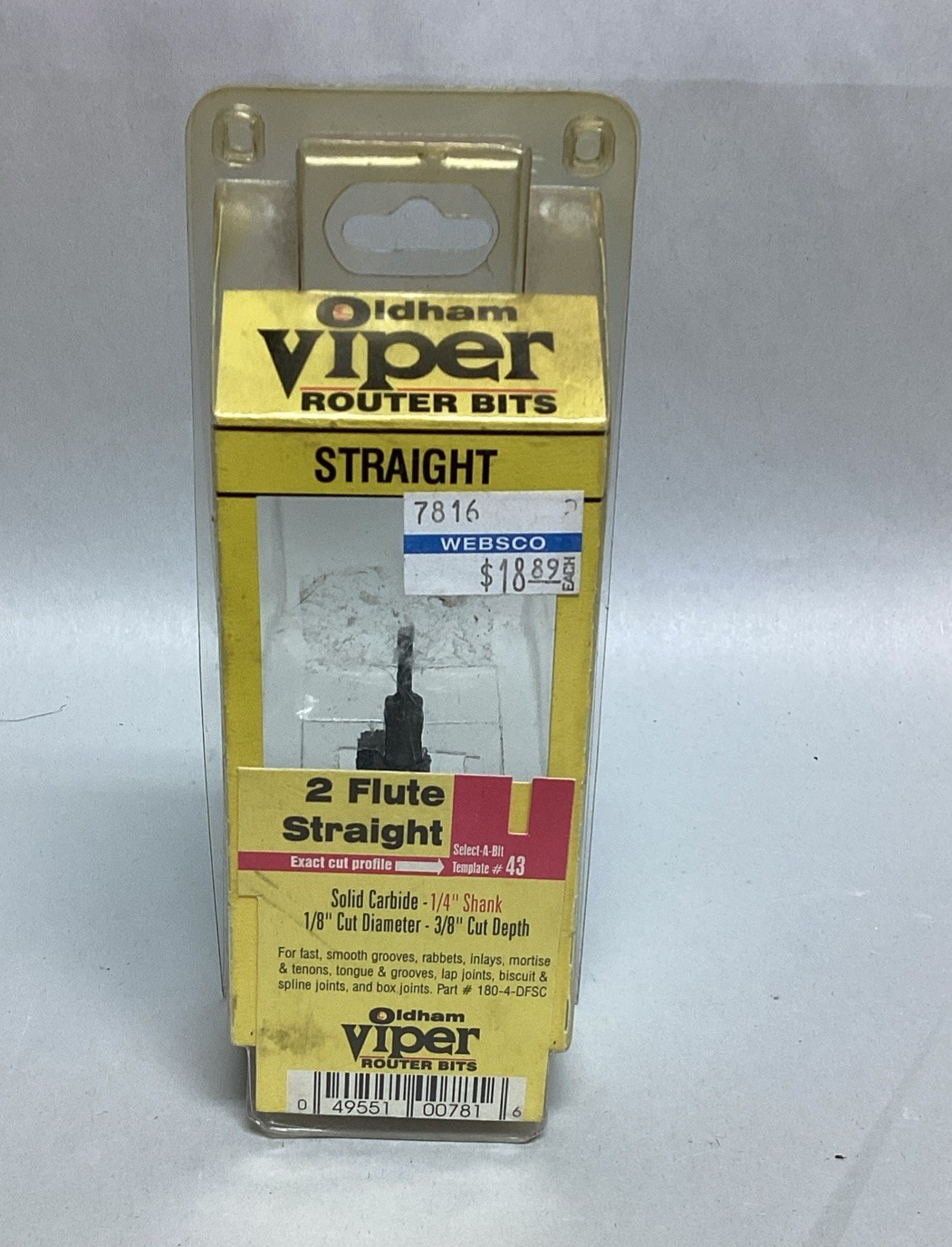 Oldham Viper 2 Straight Flute 1/4 Shank 1/8 Cut Dia. 3/8 Cut Depth  #43