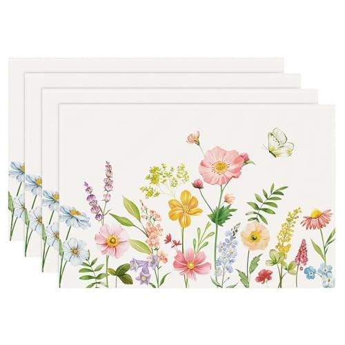 Spring Floral Placemats Set of 4, 12x18 Inch Watercolor Flower Spring Flowers