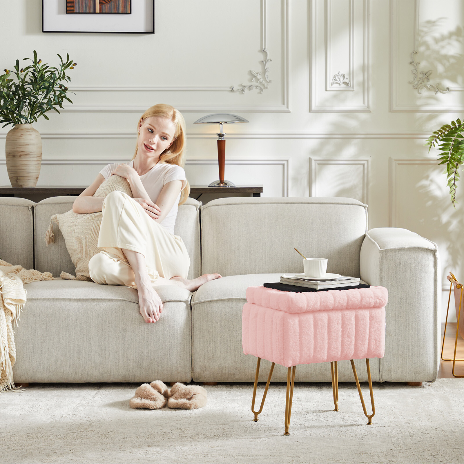 Vanity Stool Chair with Storage,Ottoman Faux Fur Soft Padded,Cute Small Footrest