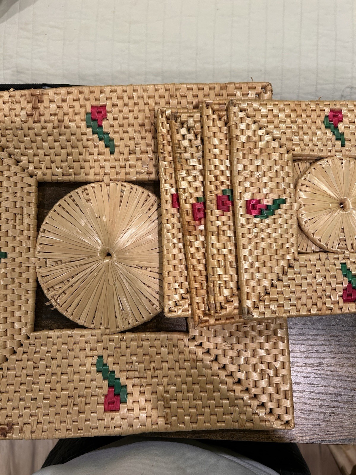 Complete Set Of Vintage Straw Kitchen Table Set Cherry Rose Pattern