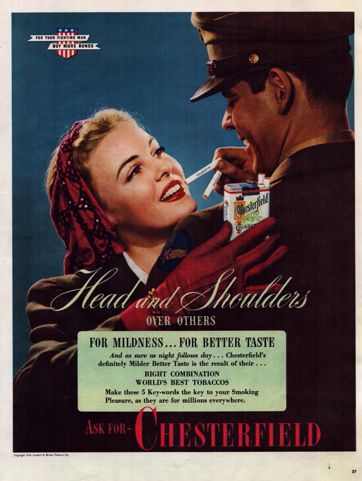 1944 Chesterfield Cigarettes Print Ad For Your Fighting Man Head & Shoulders