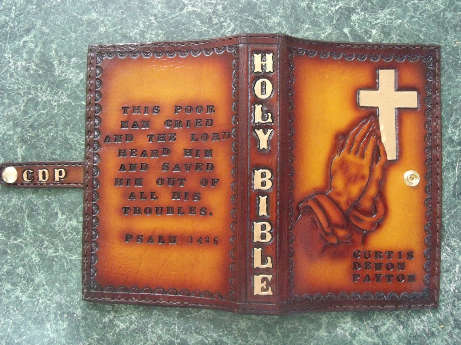 X-Large custom made leather Bible cover. Can be personalized.