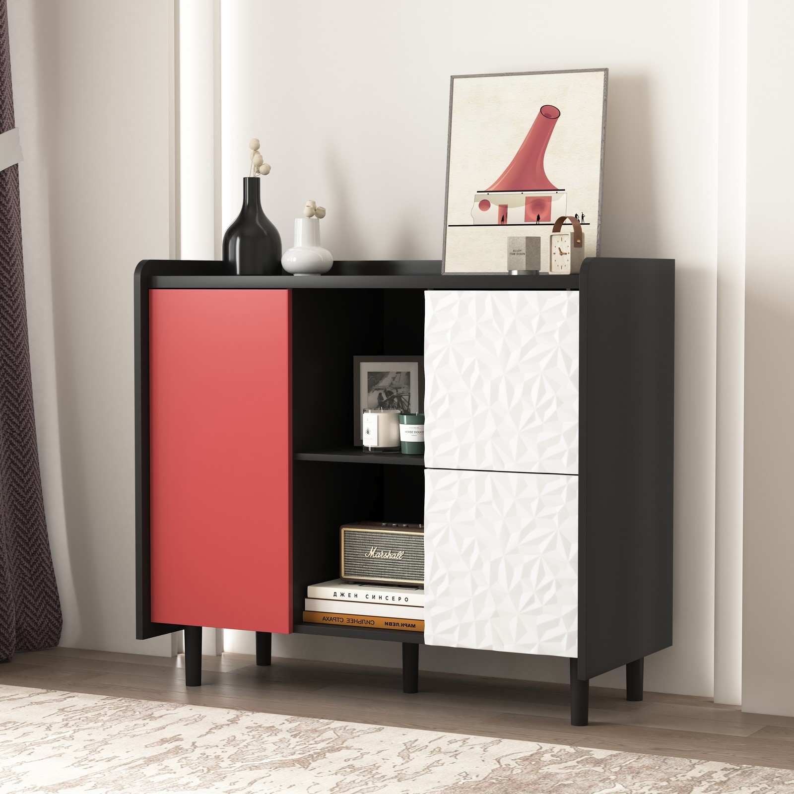 Sideboard Buffet Cabinet, Black Storage Cabinet with Red Doors , 2 Drawers wit