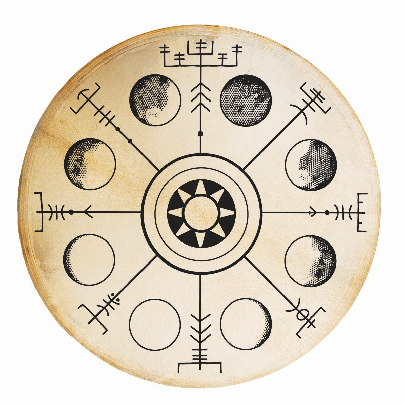 Terre Shaman Drum with Vegvísir & Moon Phases Design16" or 20" Norse Ritual Drum