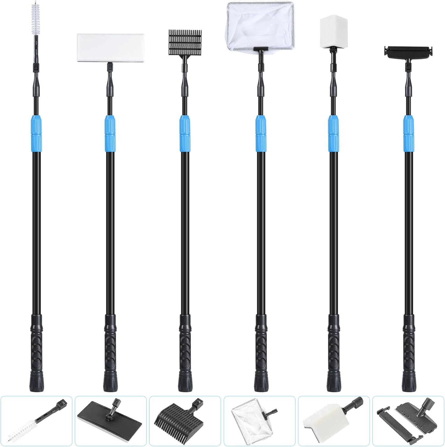 Kit 6 en 1 Limpieza de Acuarios Mango Telescopico Raspador de Algas Red de Pesca