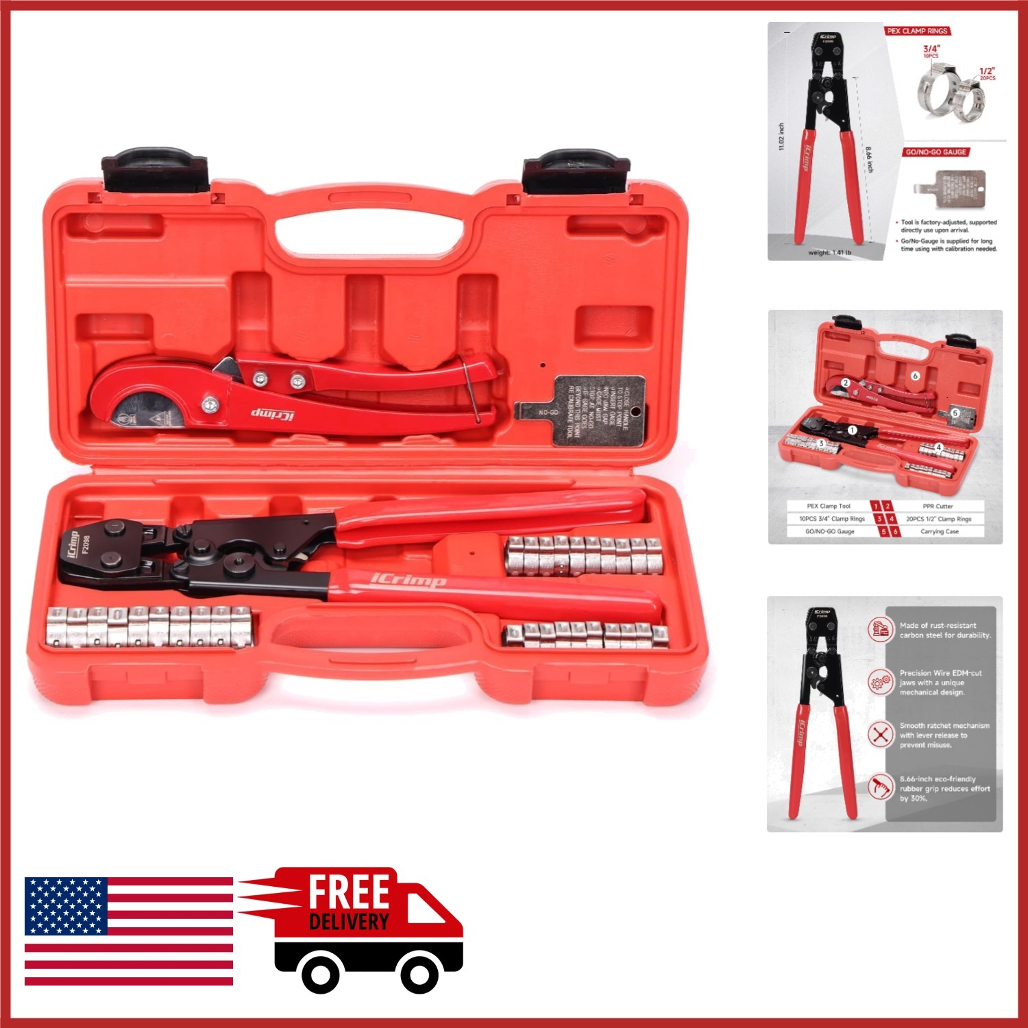 Stainless Steel PEX Pipe Crimping Tool for 3/8" to 1" Connections with Clamps