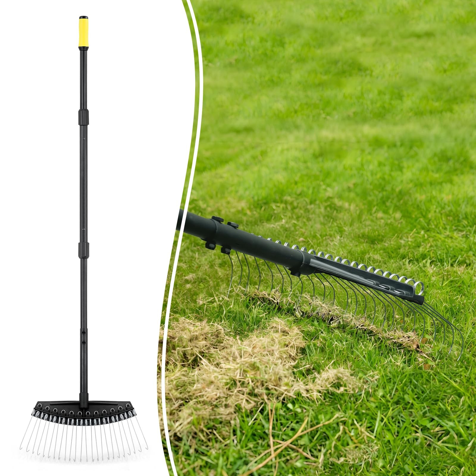 Thatch Rake, Dethatcher Rake with Thin, Curved Spring Steel Tines, Dethatchin...