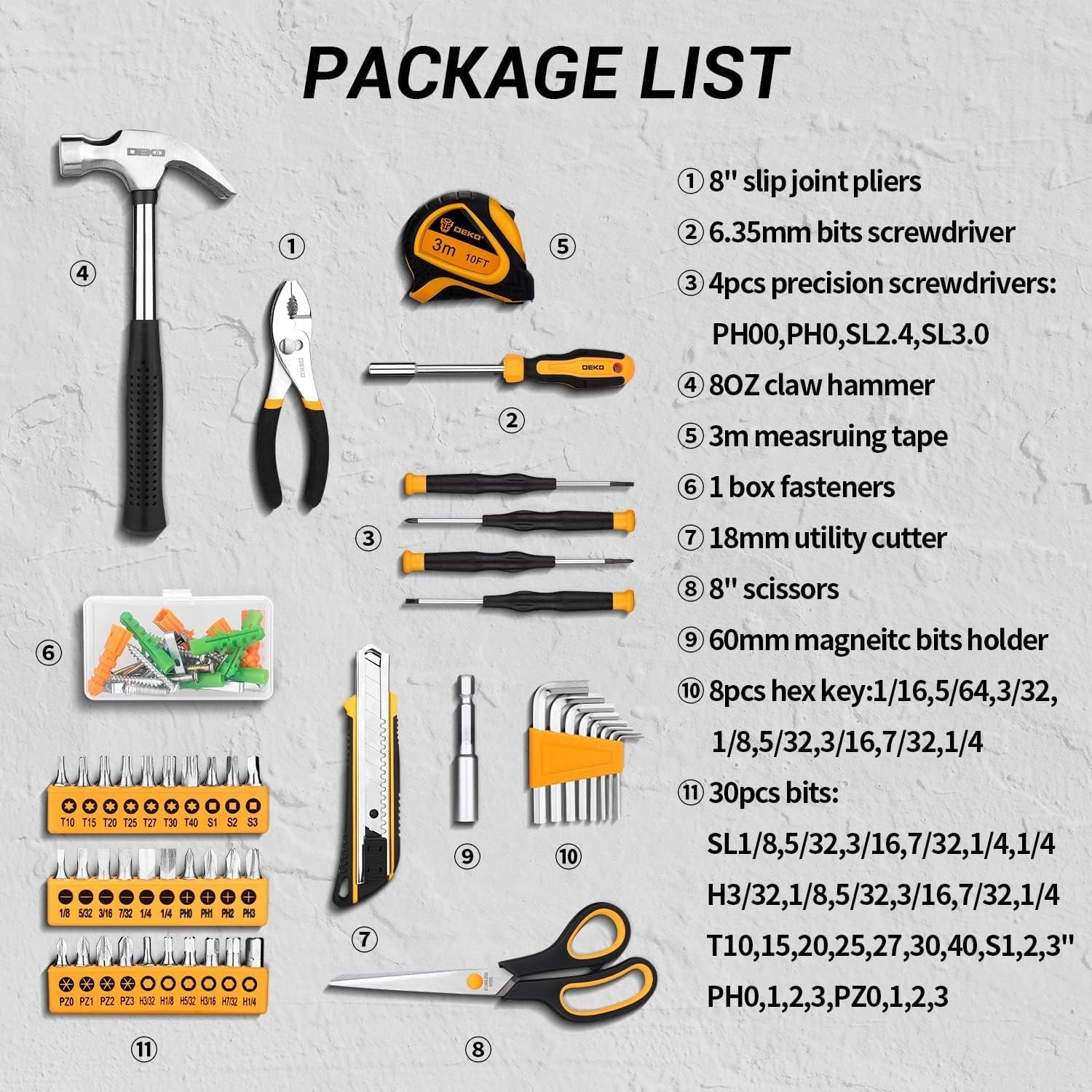 DEKOPRO General Household Hand Tool Kit with Plastic Toolbox 50PCS Yellow