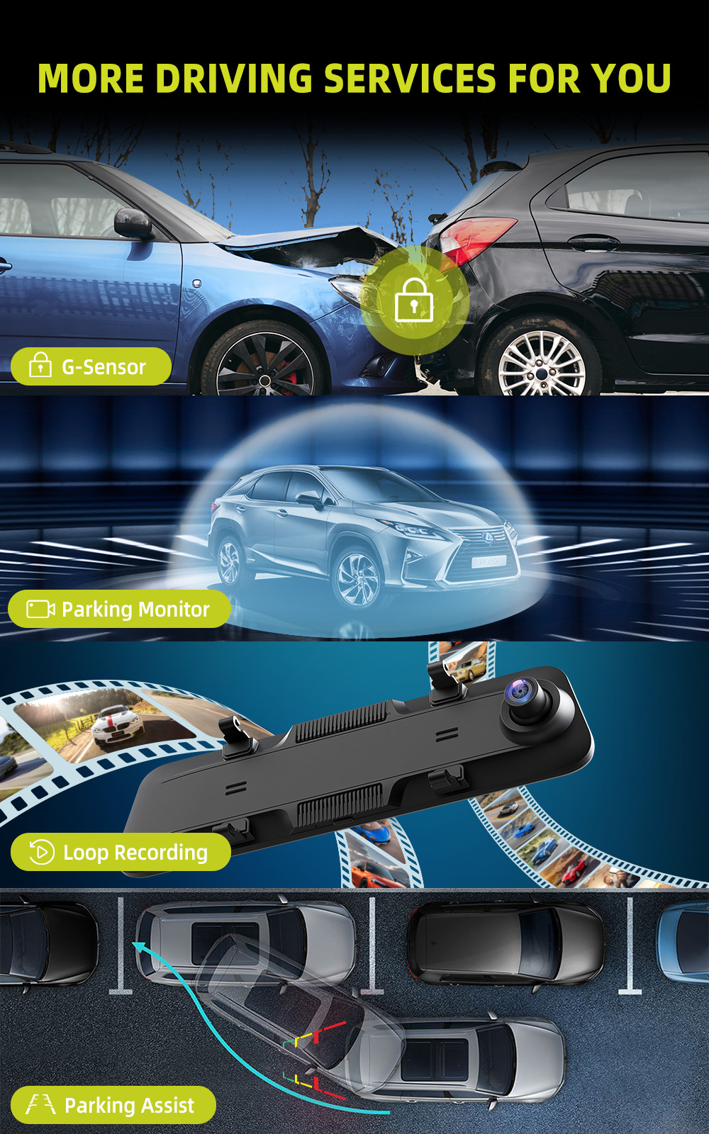 12" WiFi 4K Touch Screen Mirror Dash Cam Front Rear Car Security Camera GPS