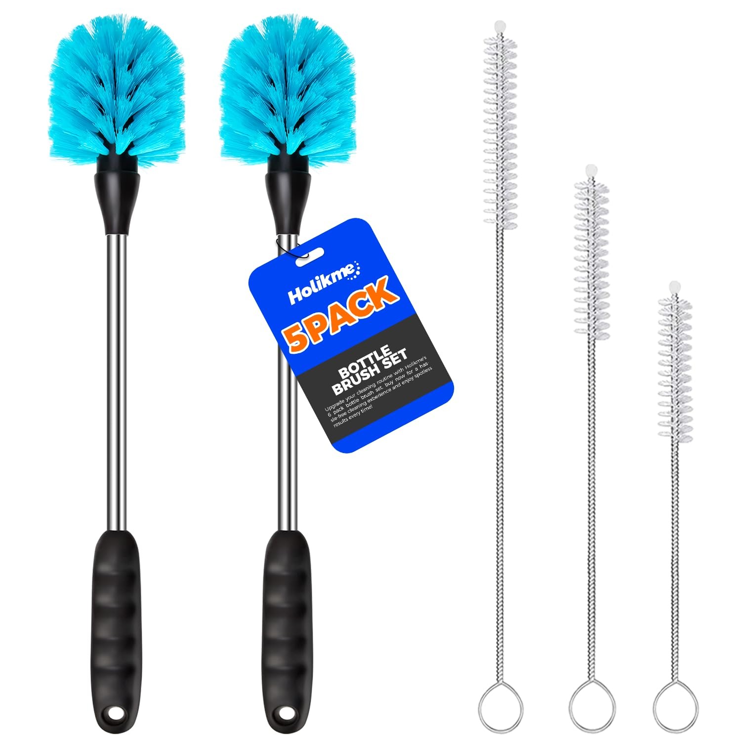 Holikme 5 Pack Bottle Brush Cleaner Set, 14" Long Handle 5Pack, Blue