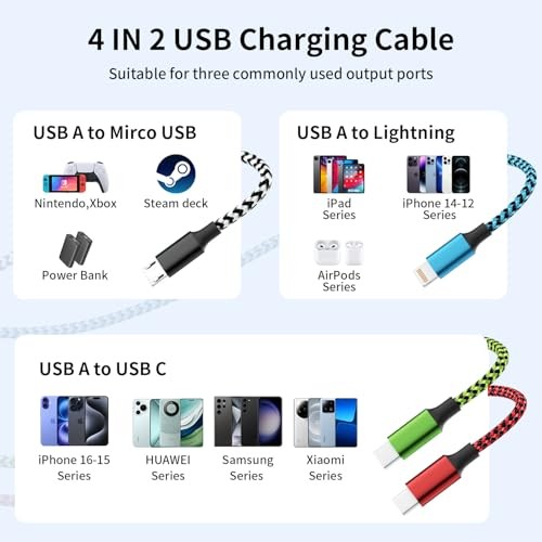 4 in 2 Multi Charging Cable, USBA/C Universal Charging Green&Red&Blue&White
