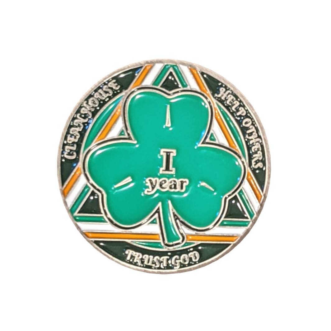 Green Shamrock Recovery Medallion - years 1-50 Serenity Prayer in Gaelic on rear