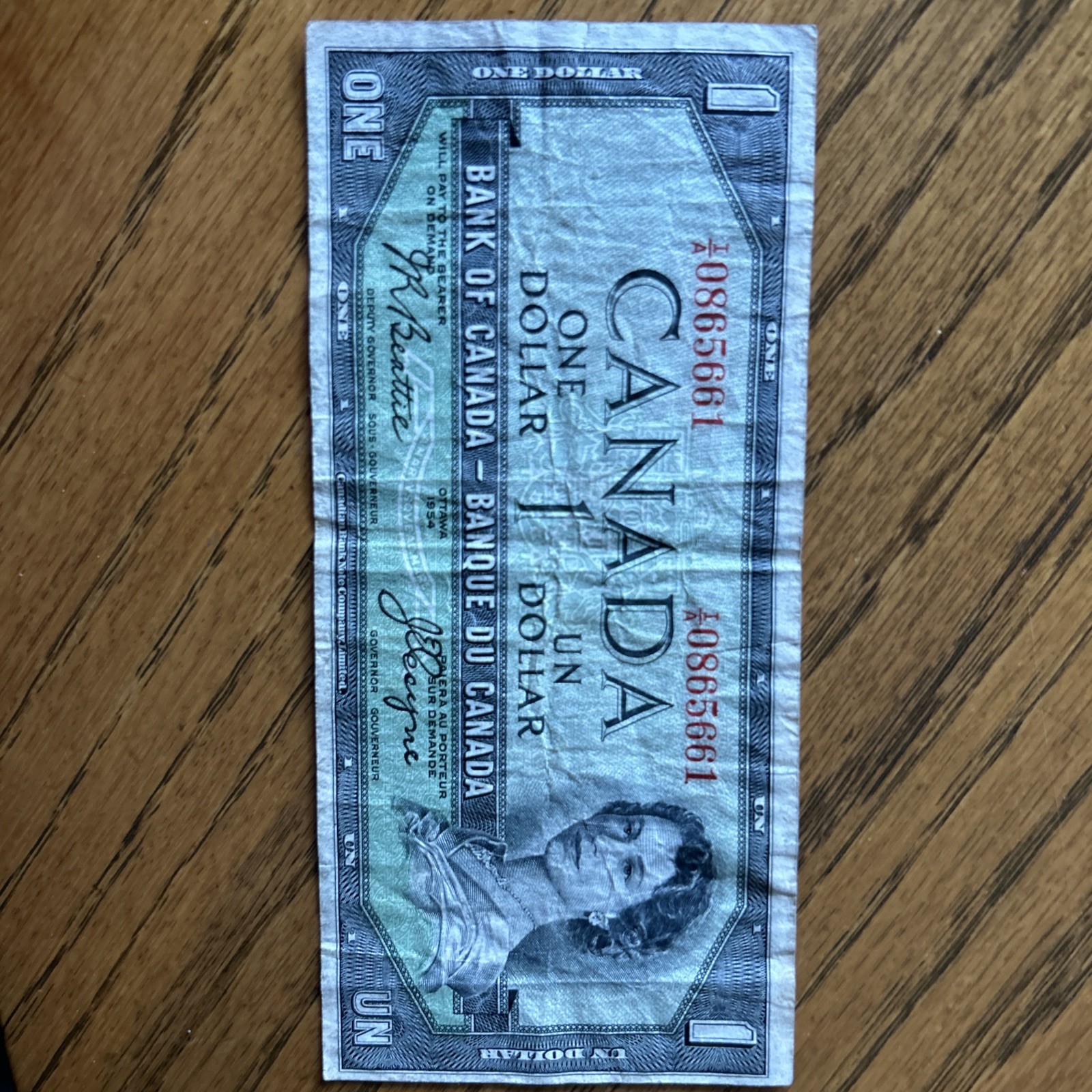 1954 Bank of Canada One Dollar Note Queen Elizabeth II