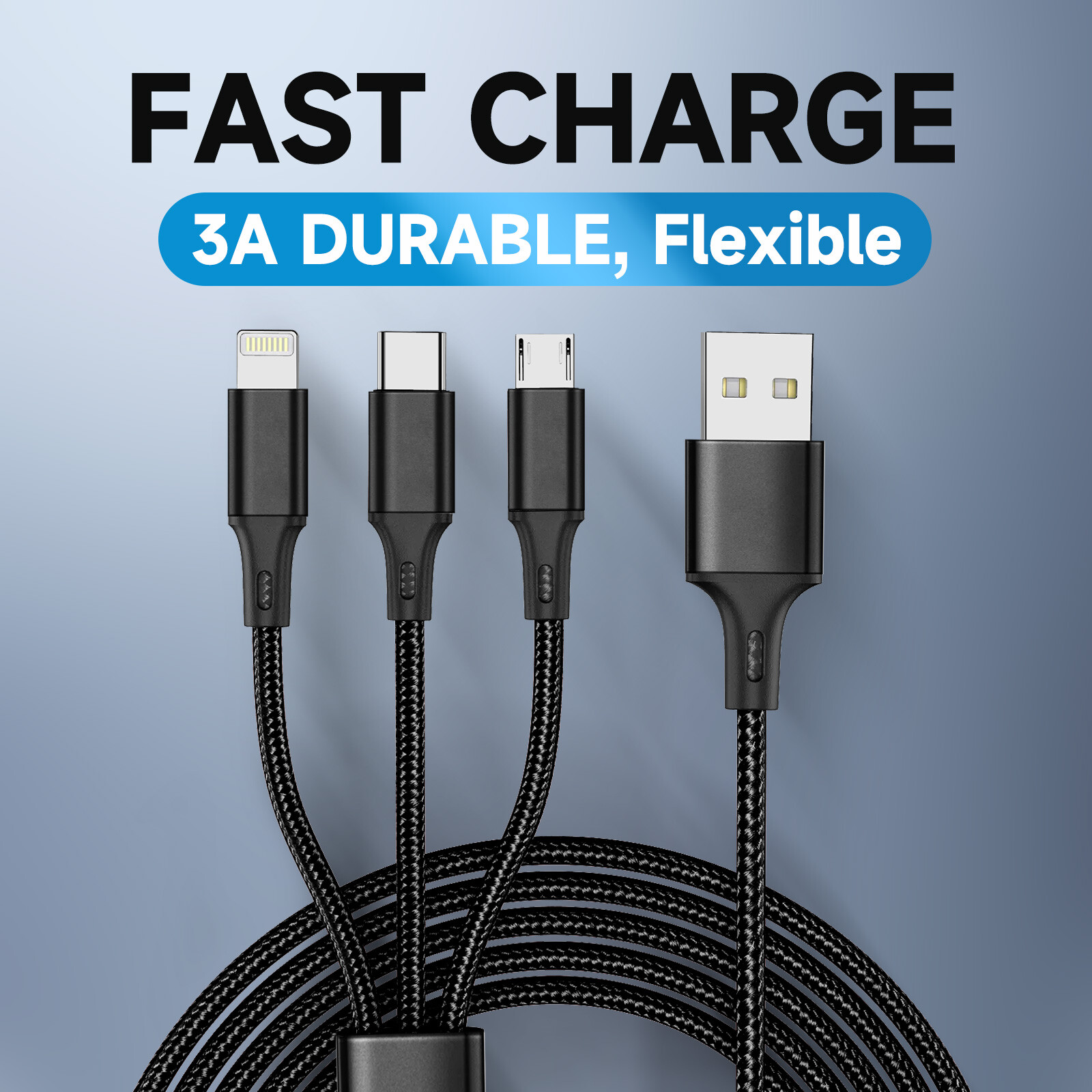 3 in 1 Fast USB Charging Cable Universal Multi Function Cell Phone Charger Cord