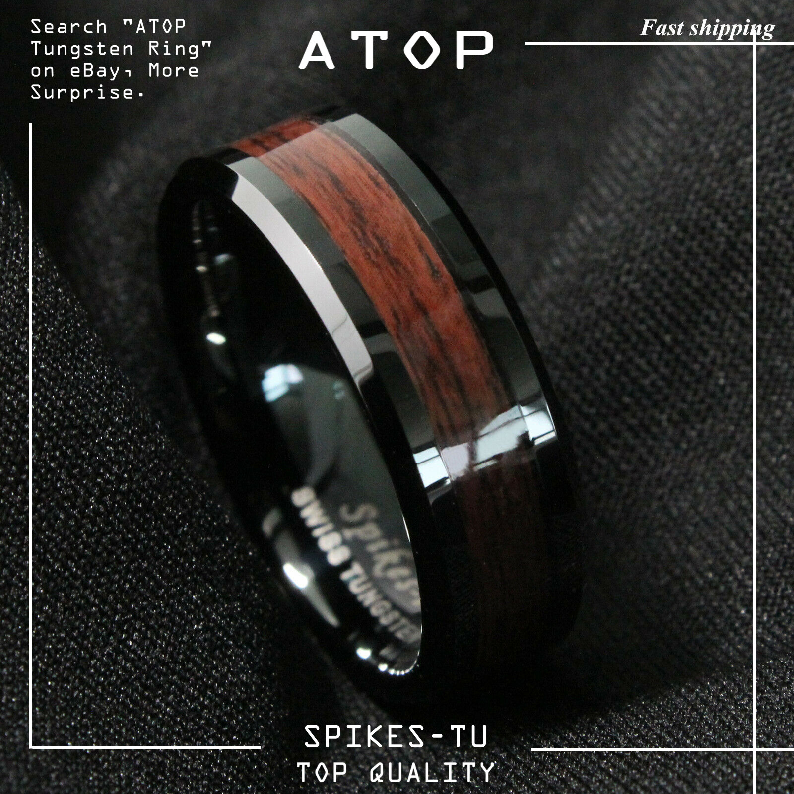 8mm Black Men's Tungsten Carbide ring Red Wood Inlay Wedding Band mens jewelry