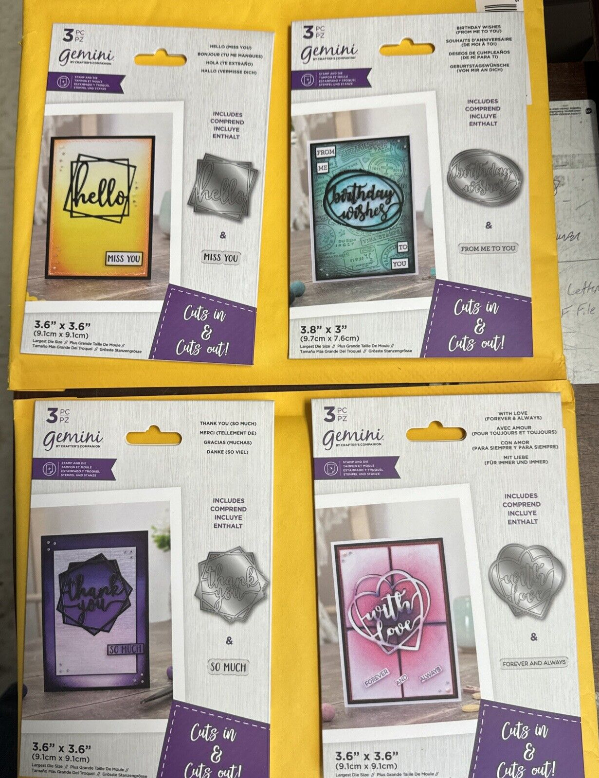 LOT OF 4 SETS Gemini Framed Sentiment Stamp + Die sets NEW SEALED SMOKE FREE