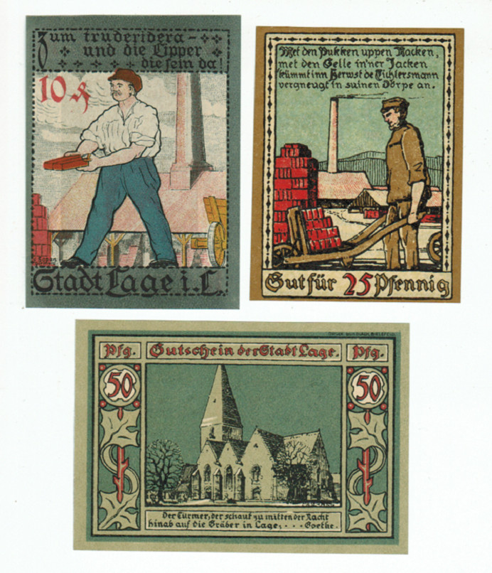 SET OF 3 GERMANY NOTGELD 10.25.50 PFENNIG STADT-LAGE 1921 UNC