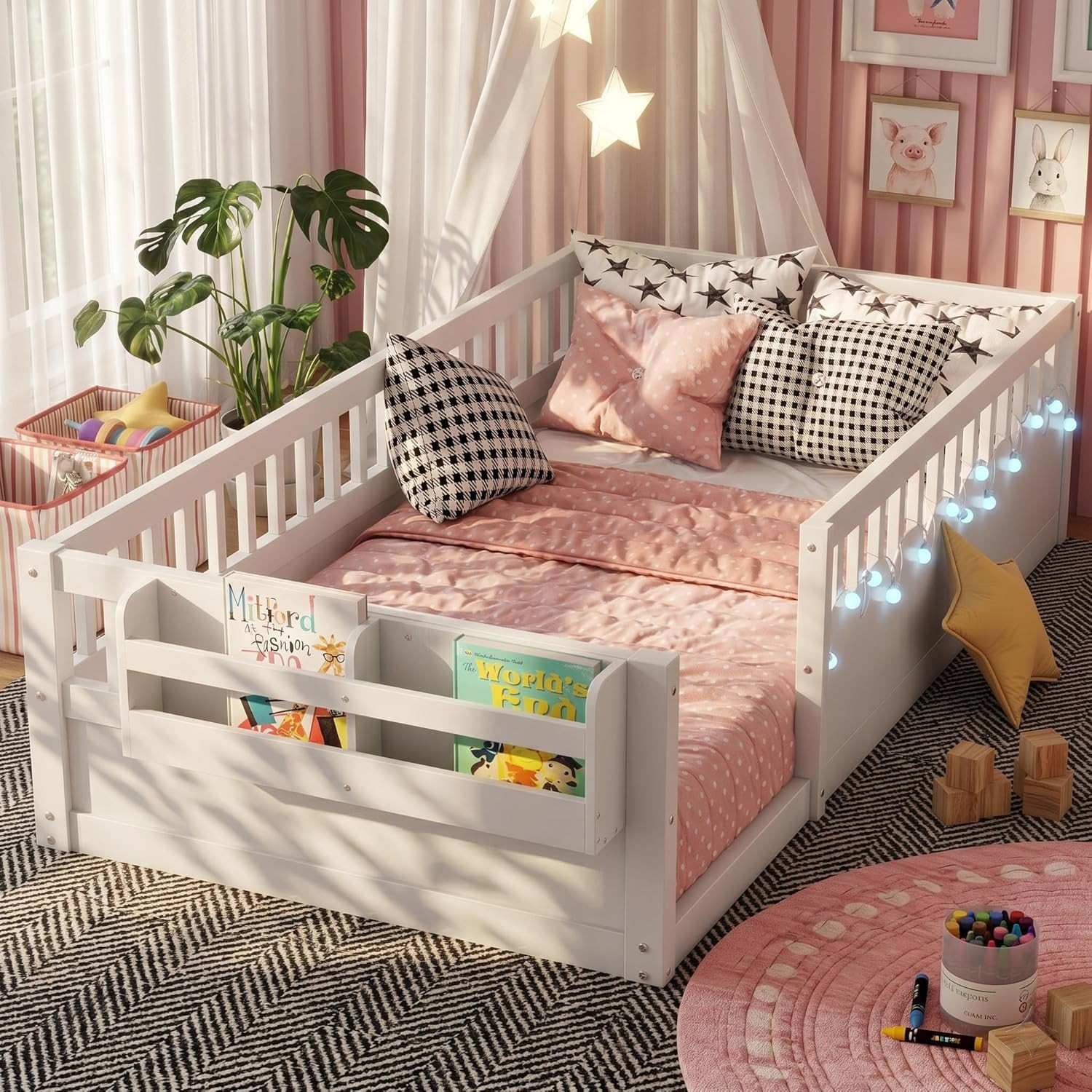 Twin Toddler Floor Bed with High Rails, Wooden Montessori Bed Frame with Light a