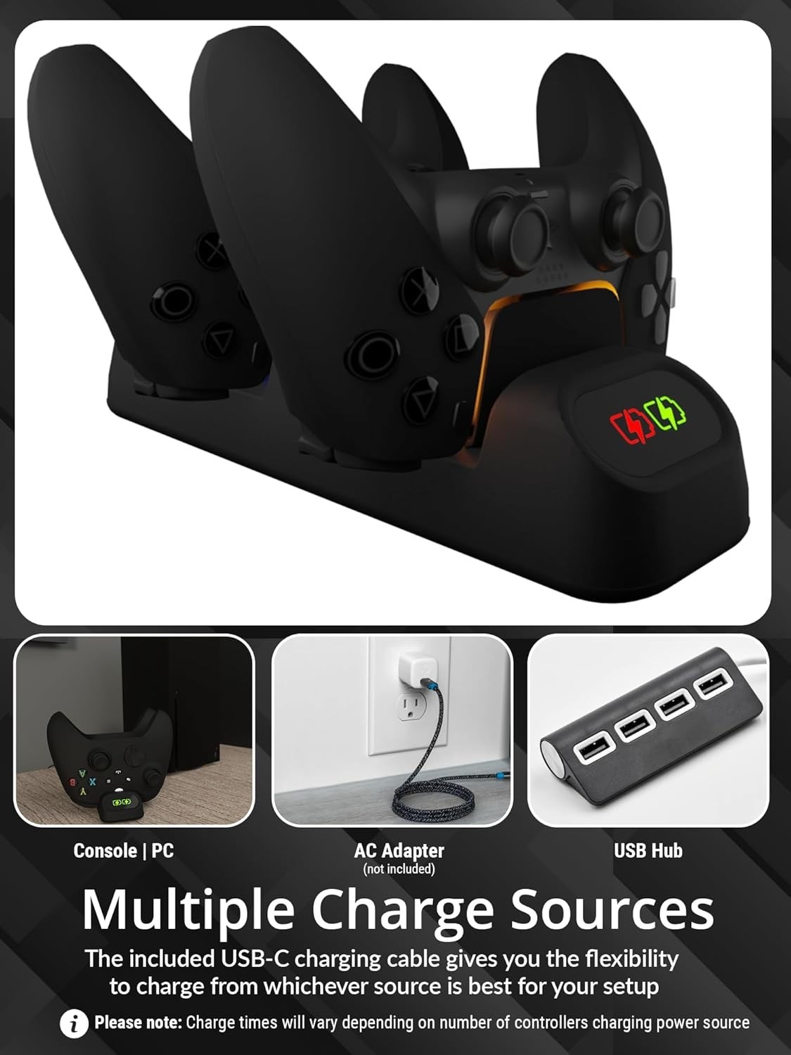 Universal USB-C Controller Charging Dock - Jet Black Duo Charger with Protection