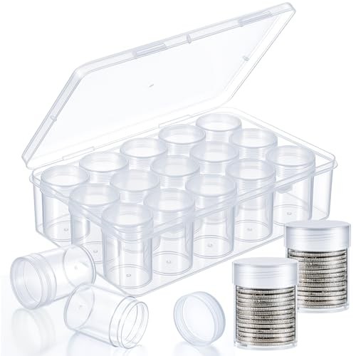 16 Pcs Coin Tubes with 1 Plastic Storage Box Clear Holders with Half Dollar 17