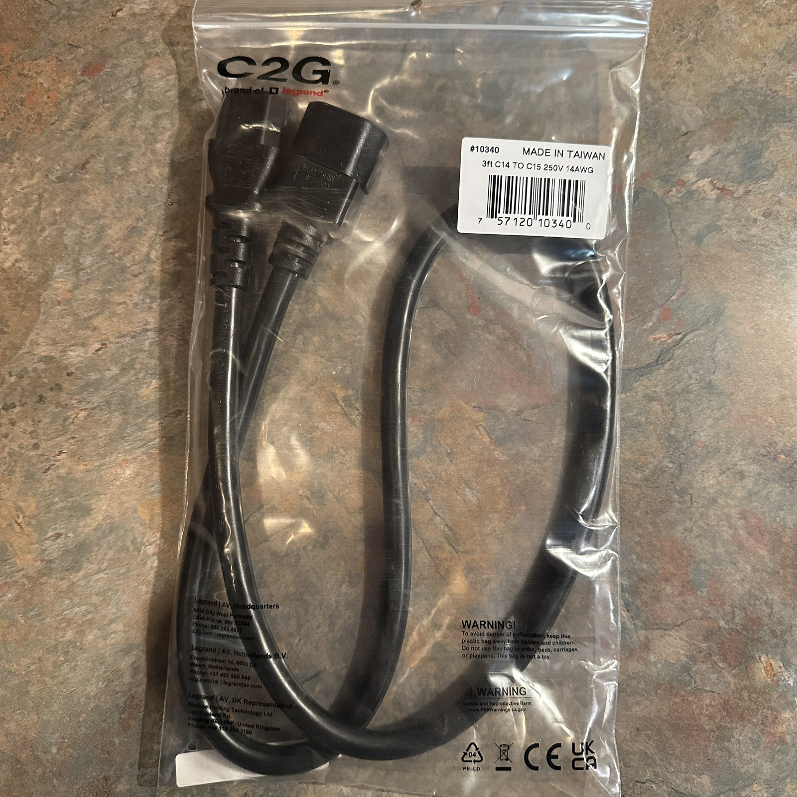 New C2G 3ft C14 Male to C15 Power Cable  - 14AWG - Black (IEC C14 to IEC C15)