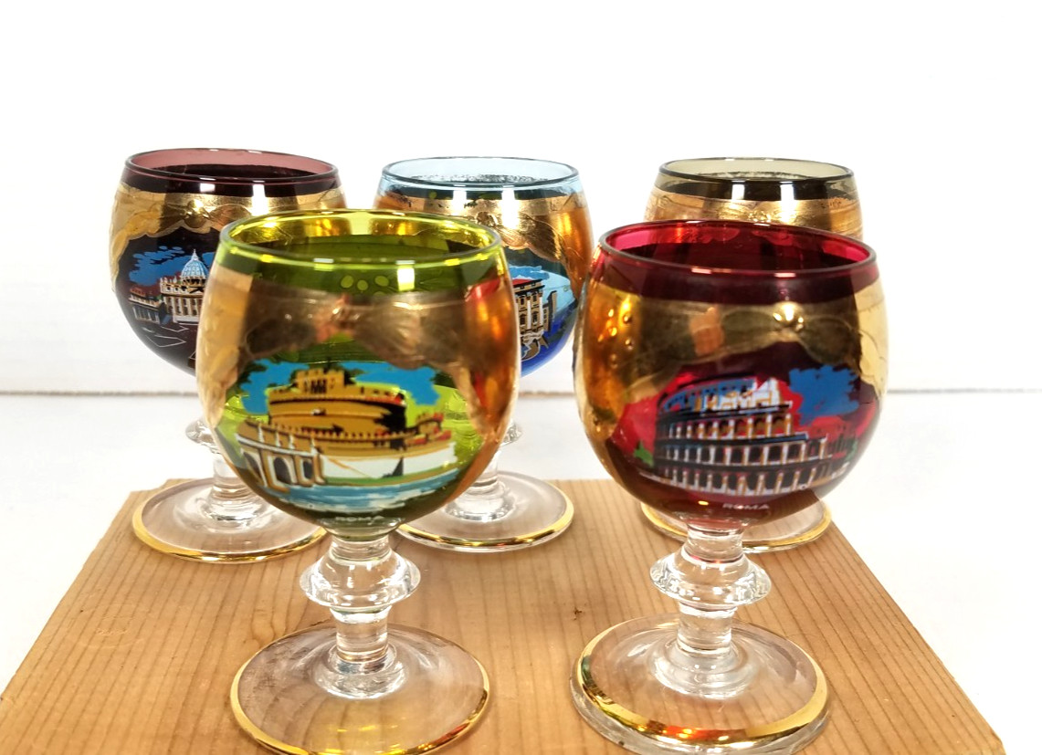 ROMA FIVE  BEAUTIFUL SHOT/CORDIAL HISTORICAL LANDMARK GLASSES   3 + " tall