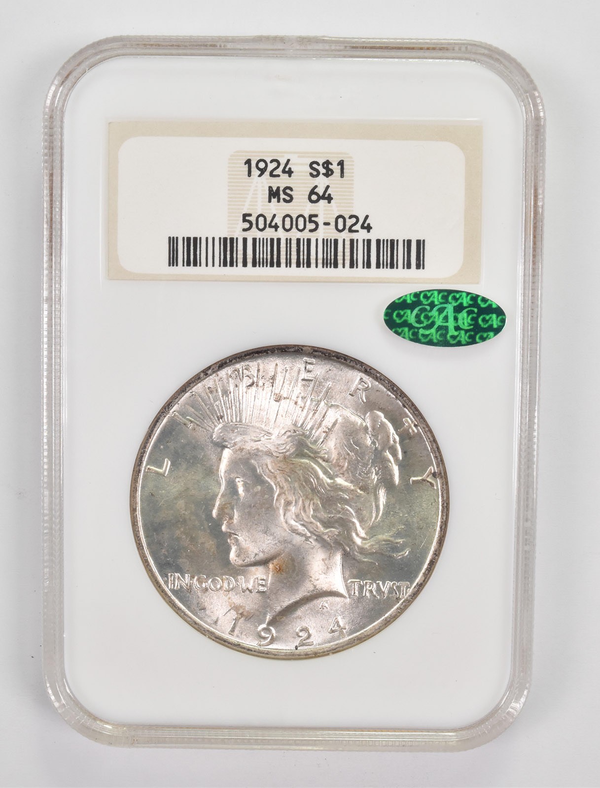 MS64 1924 Peace Silver Dollar CAC NGC *0038