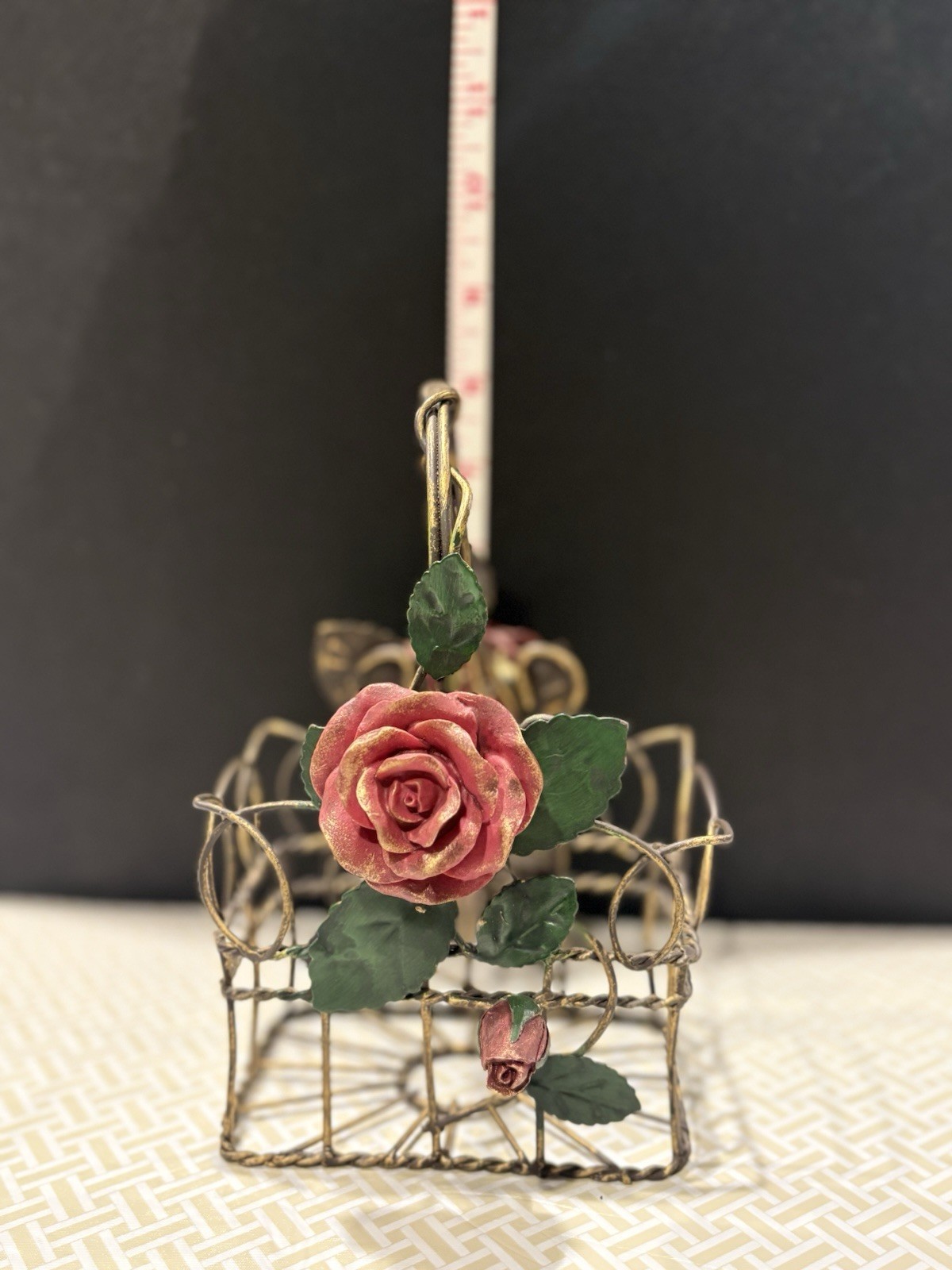 Vintage Handmade Metal Decorative Basket Pink Rose Floral Accent Gold Pink Green