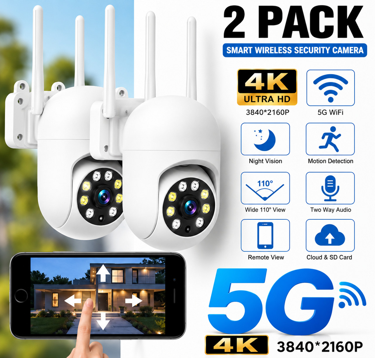 2-Pack Wireless 5G WiFi Security Camera System Smart Outdoor Night Vision 1080P