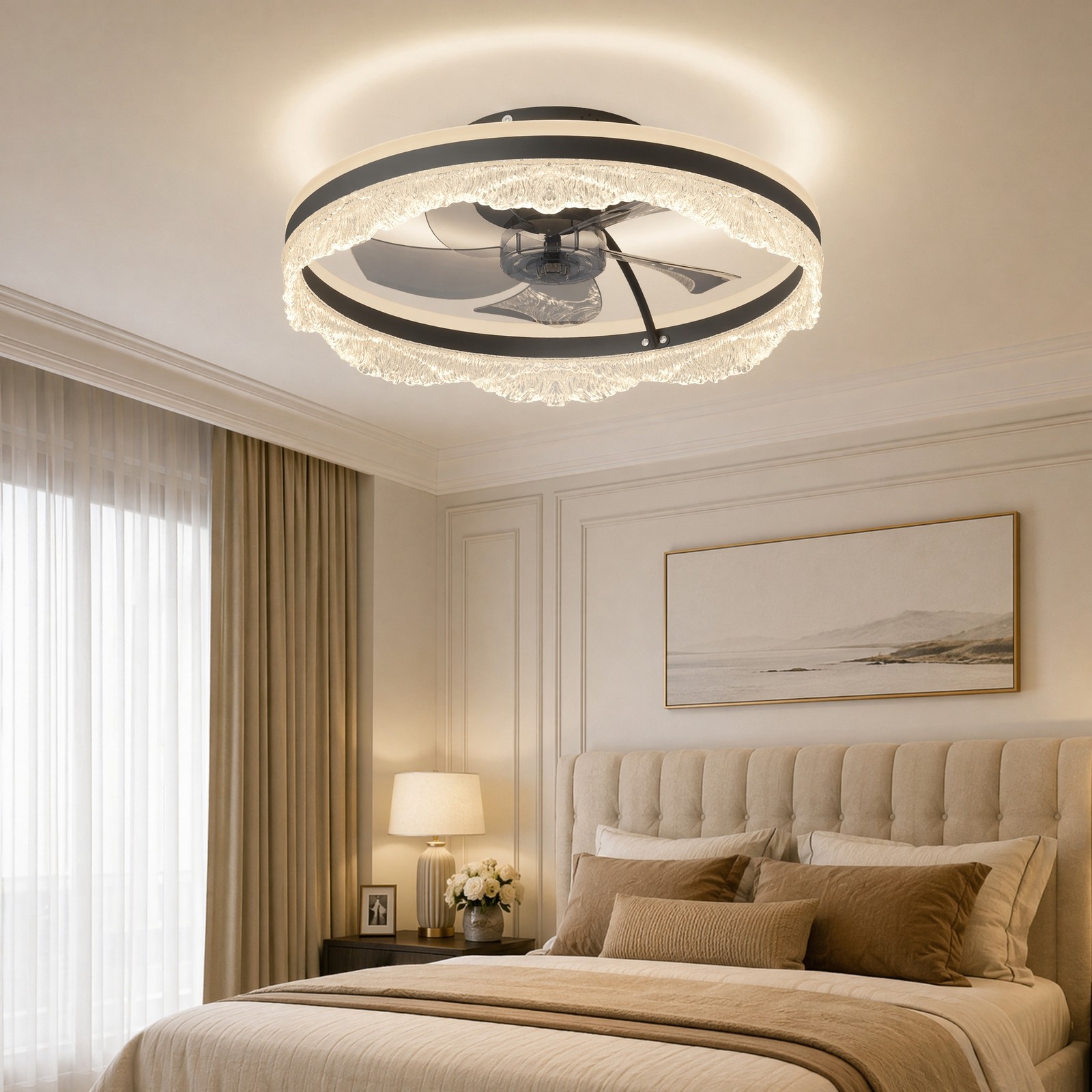 20 inch Remote APP Wave Design LED Ceiling Fan Up Down Light Flush Mount Control