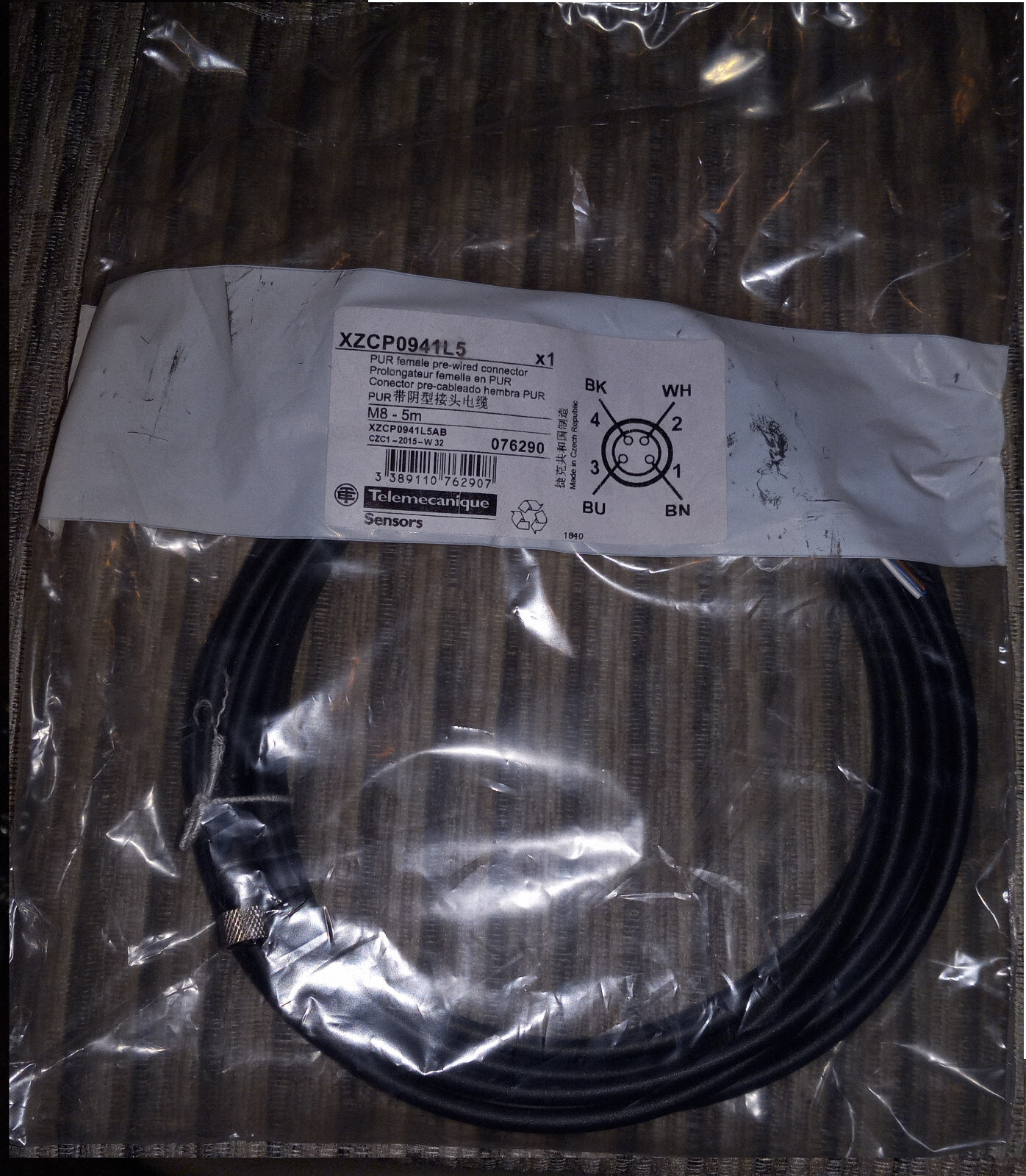 TELEMECANIQUE, Pre wired connectors, straight female, M8, 4 pins, cable 5m,