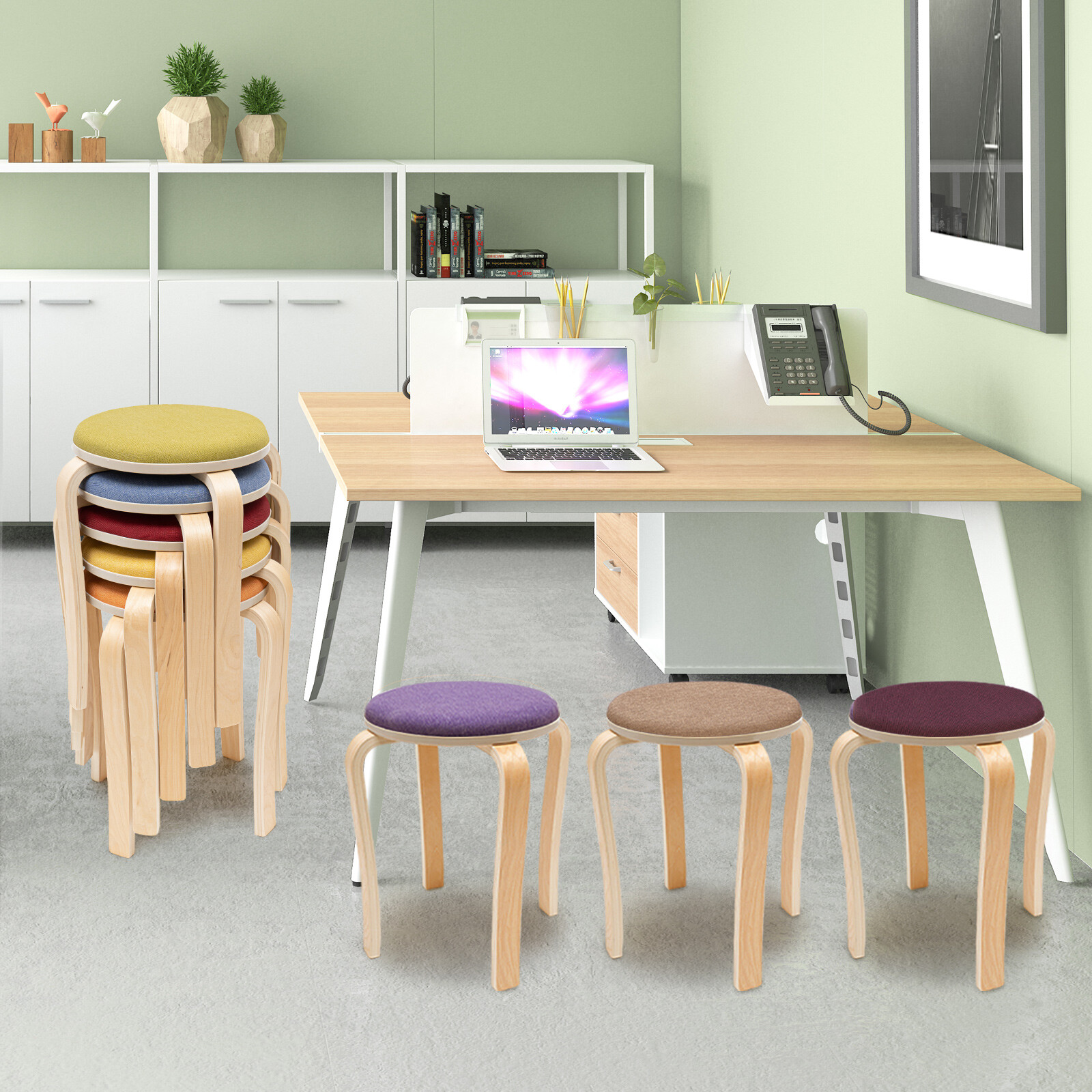 Set of 8 Stackable Round Stools, Molded Plywood, 12.2in Seat