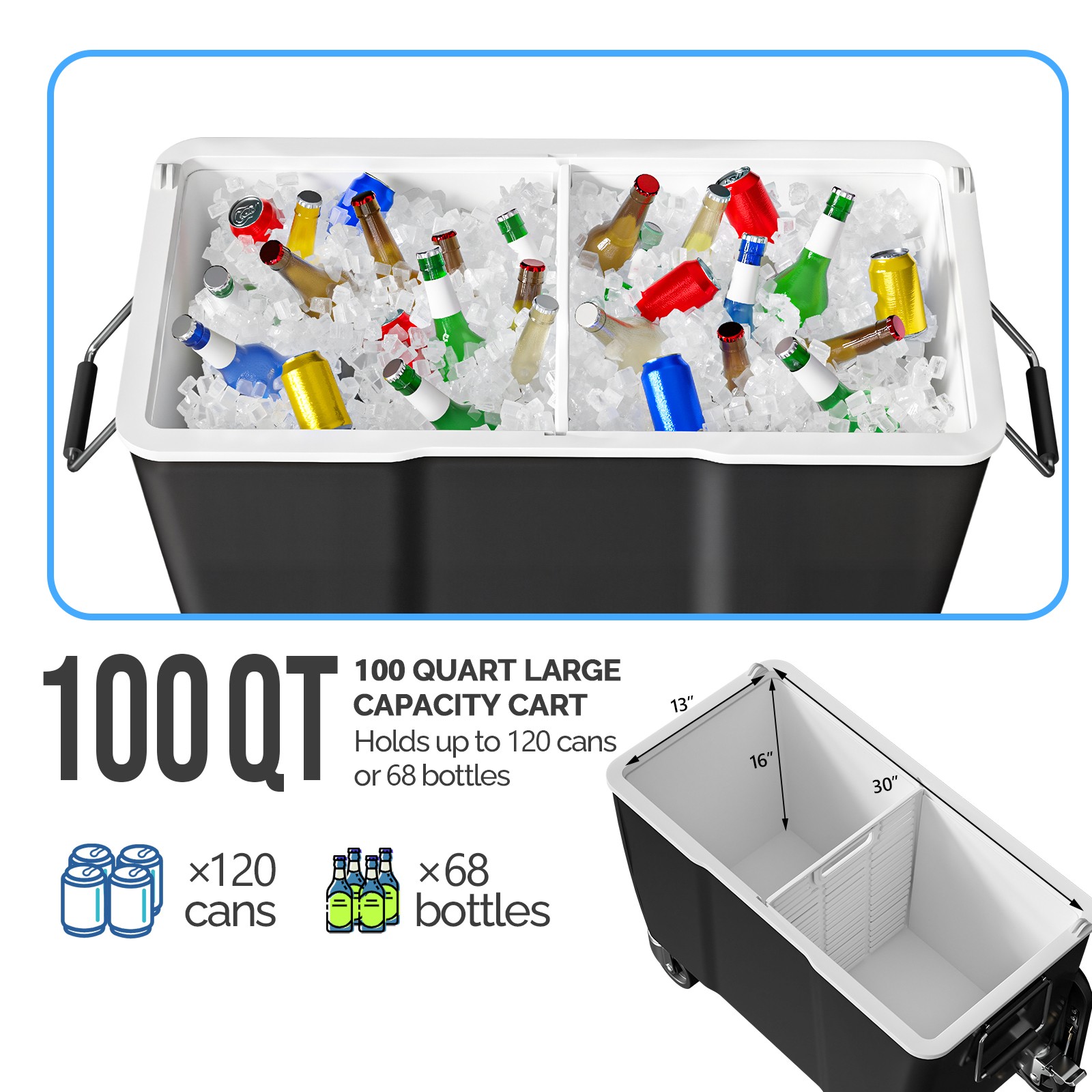 Rolling Ice Chest 100QT, Cooler Cart with Wheels, Handle for Outdoor Patio Party