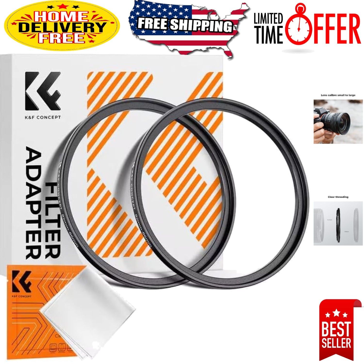 2-Piece 72mm to 77mm Step-Up Ring Set with Microfiber Cloth for Photographers