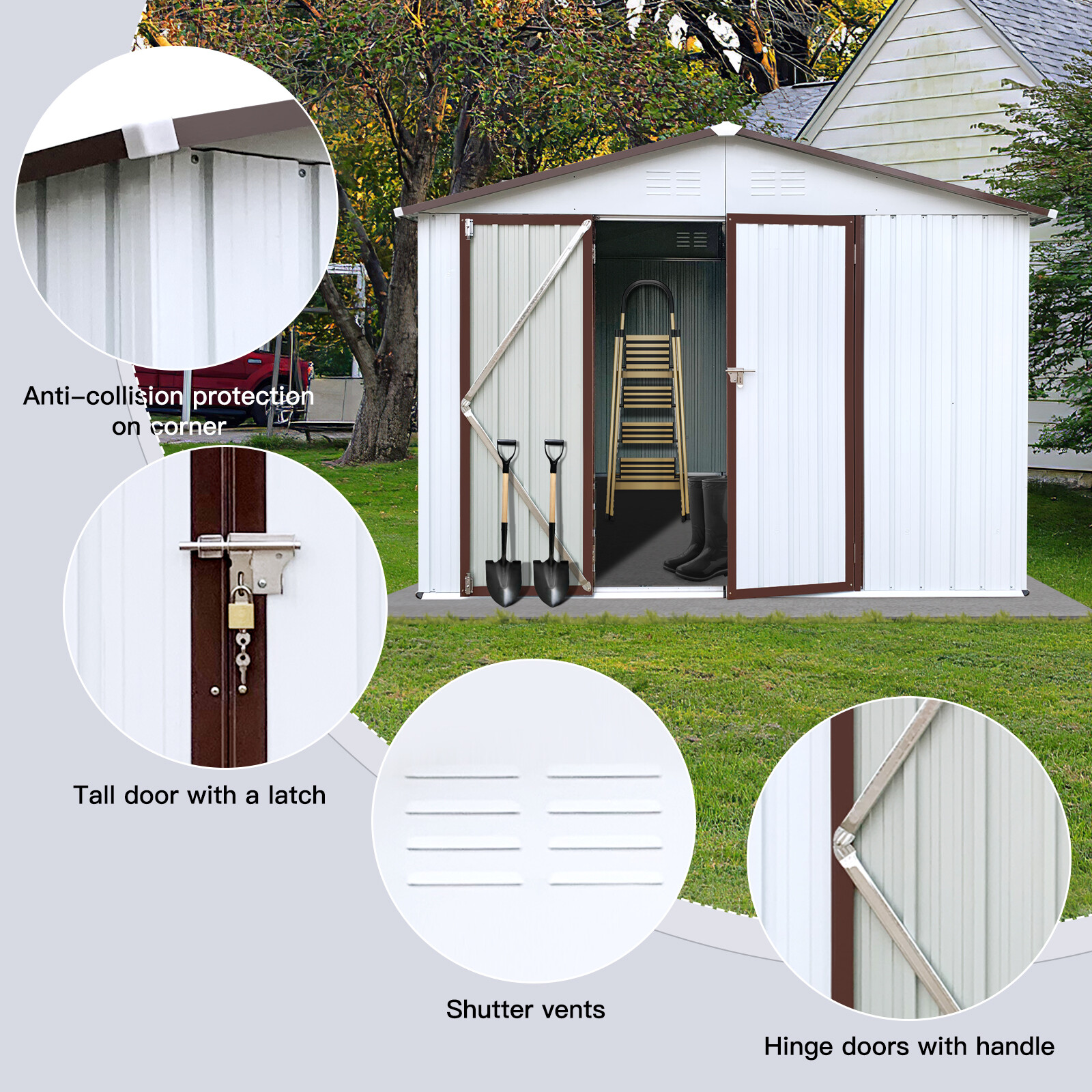 Metal garden shed 10ftx8ft outdoor storage tool house white+coffee