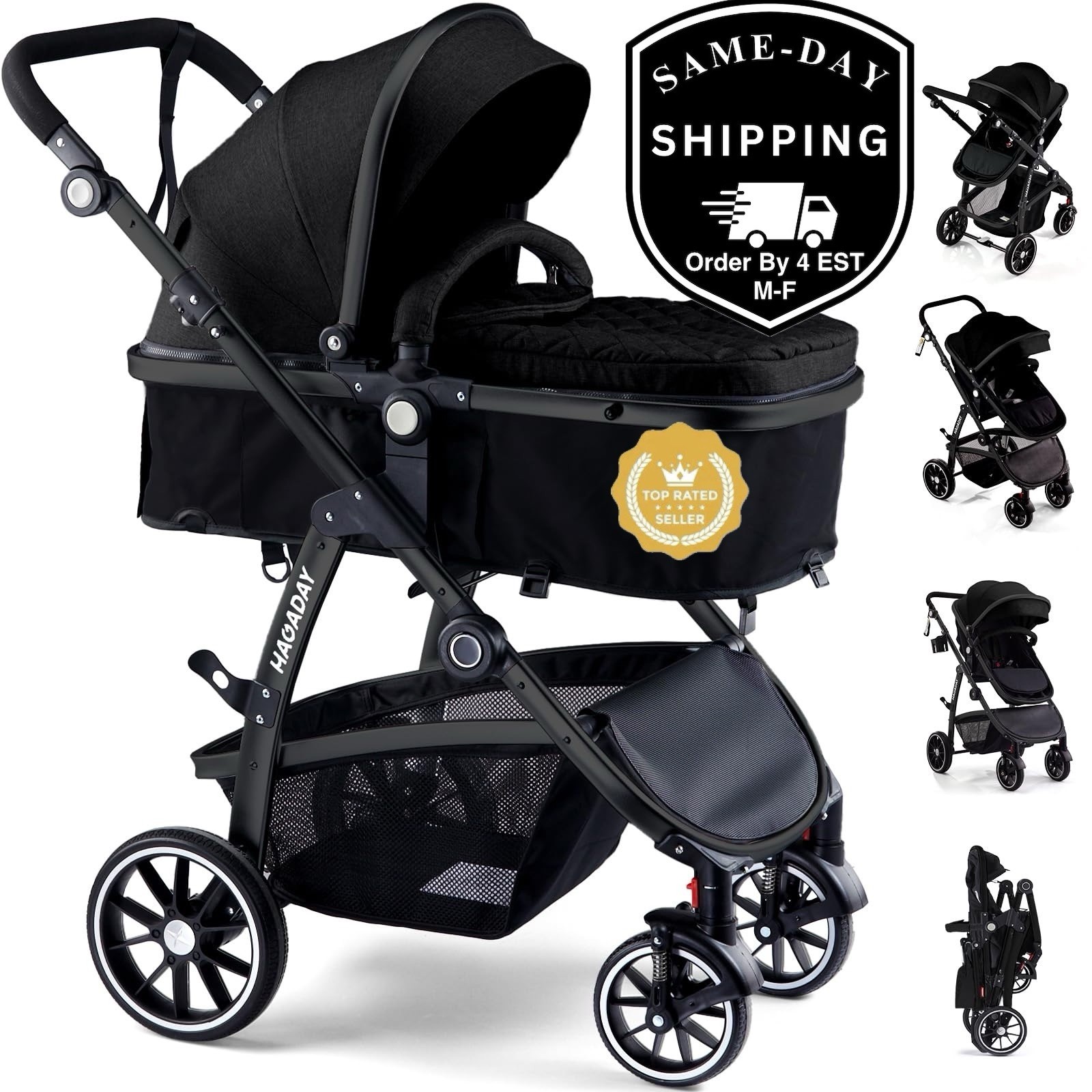 Hagaday Baby Stroller, 2-in-1 Reversible Toddler Seat with Lie-Flat Mode Black