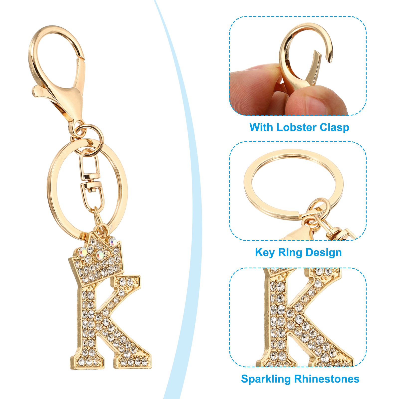 Initial Letter Keychain, 2 Pcs Letter K Crown Design Charm, Gold/Silver