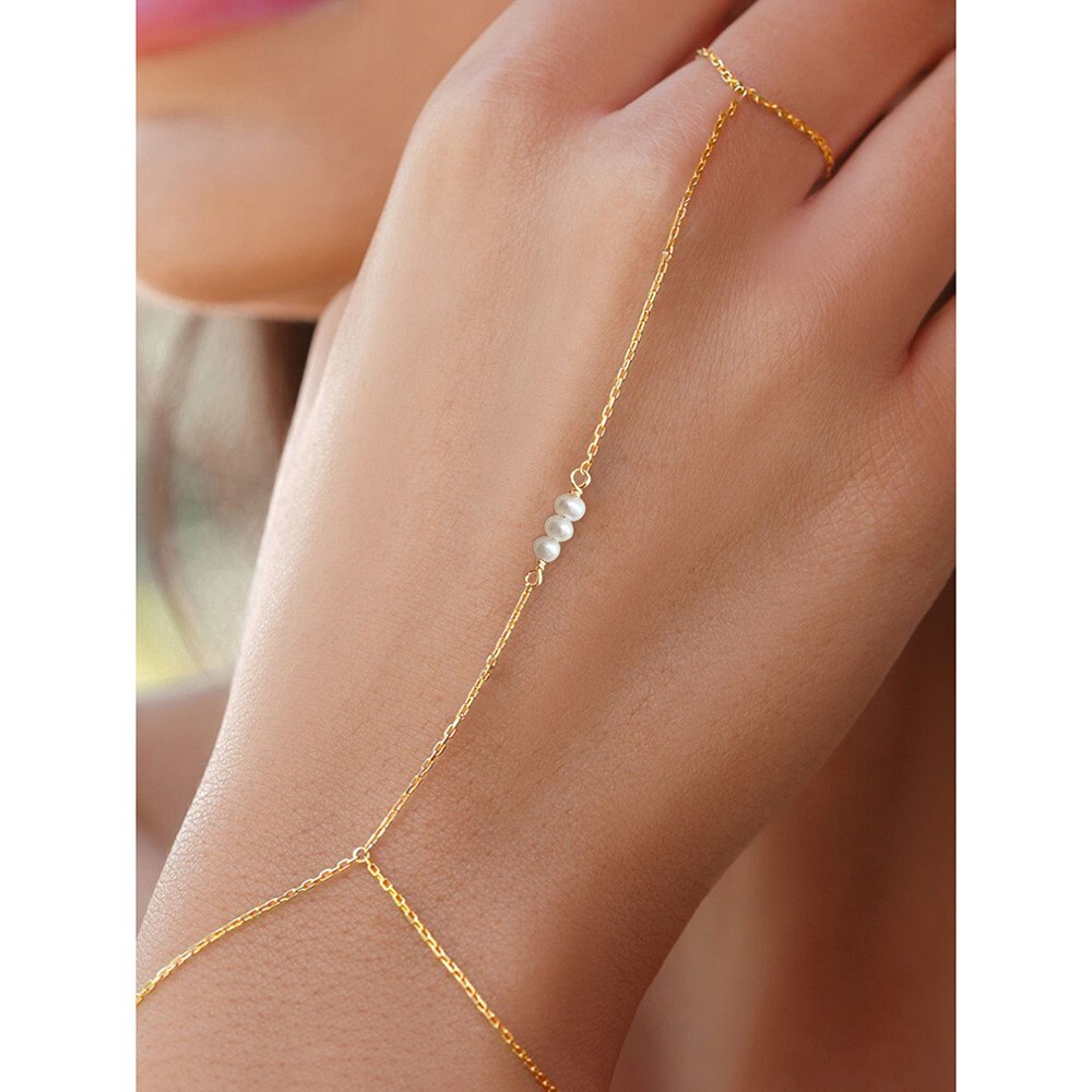Golden Hand Bracelet in Sterling Silver Elegant Hand Chain Bracelet with Pearl