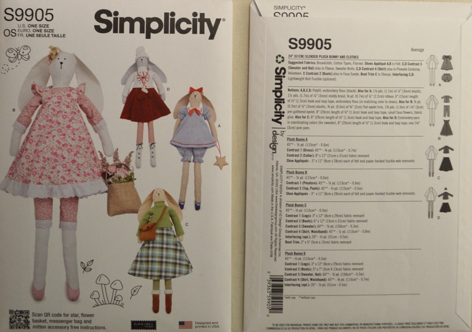 Simplicity- 9905 - Slender Plush Bunny 24" and Clothes