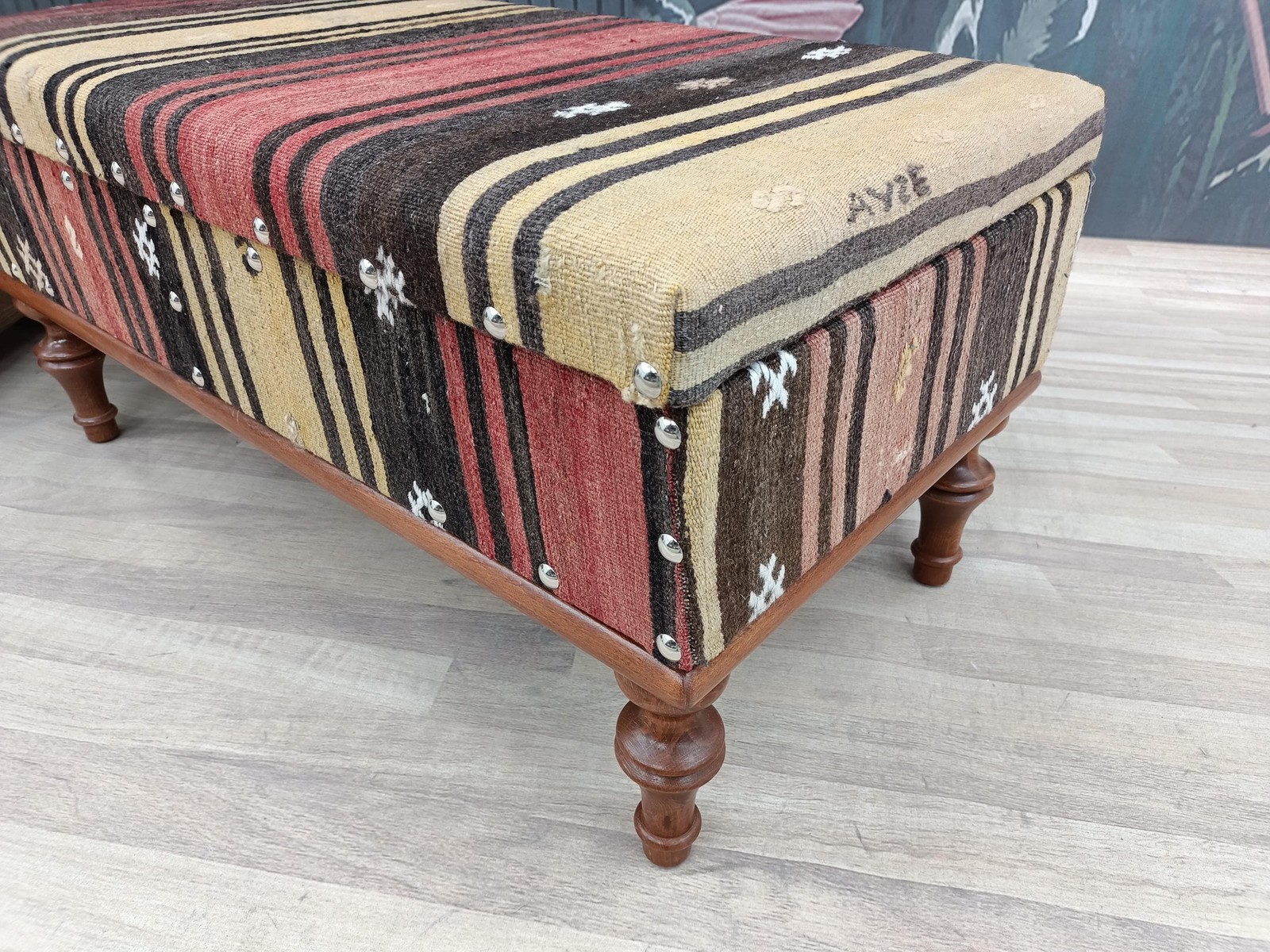 Kilim Storage Ottoman Handmade Wood Bench Upholstered Entry Organizer