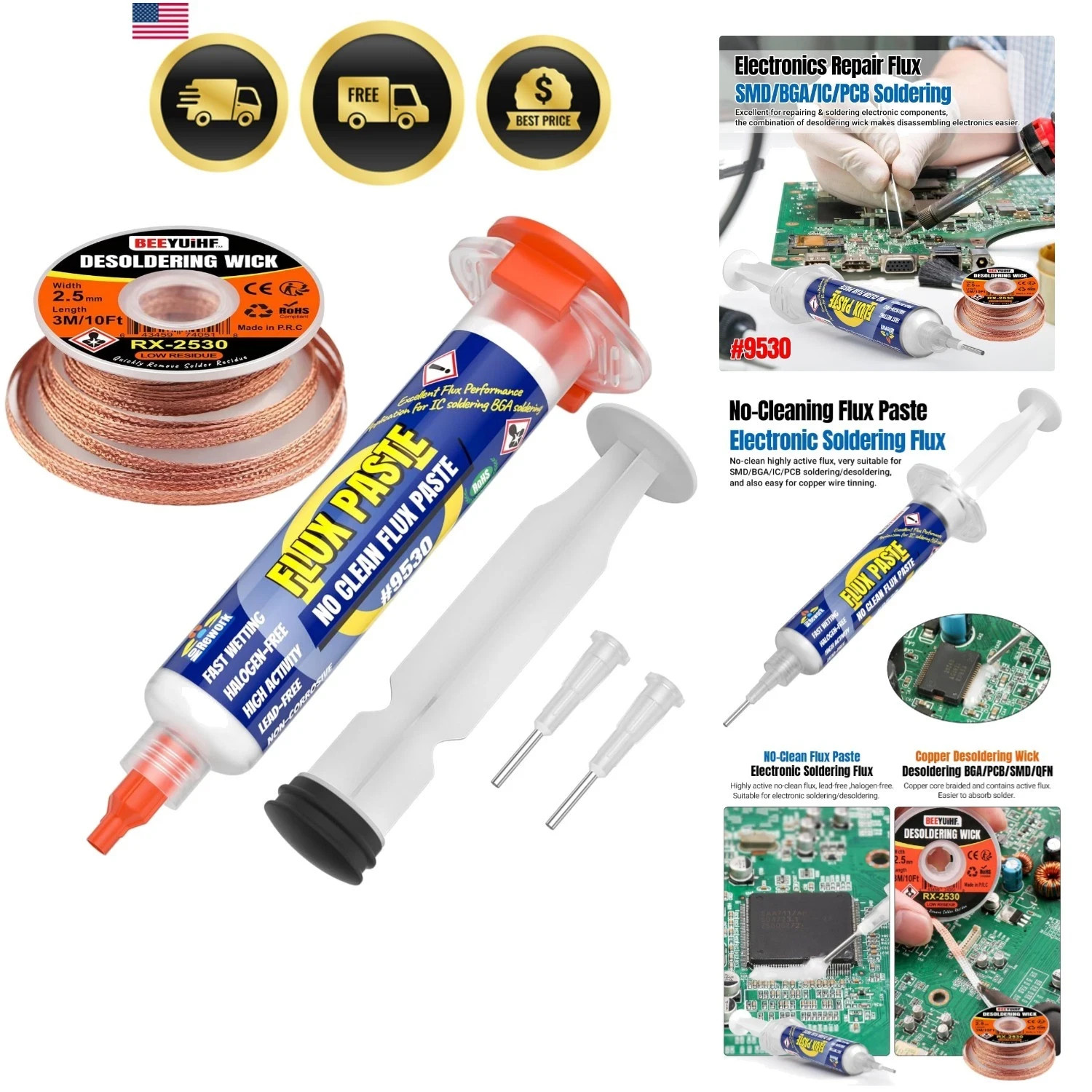 Electronics Soldering Flux Paste Desoldering Wick Kit for PCB Repairs