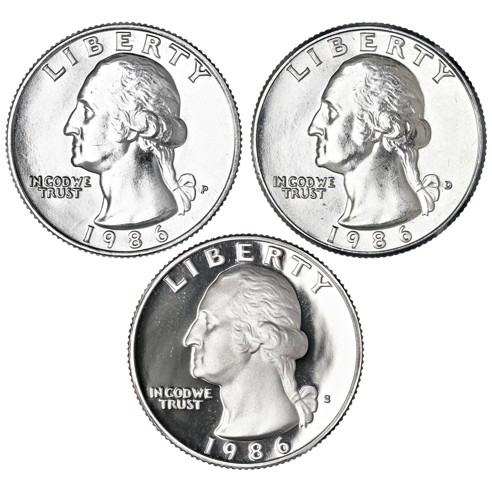 1986 P D S Washington Quarters CN-Clad BU & Gem Proof 3 Coin Year Set