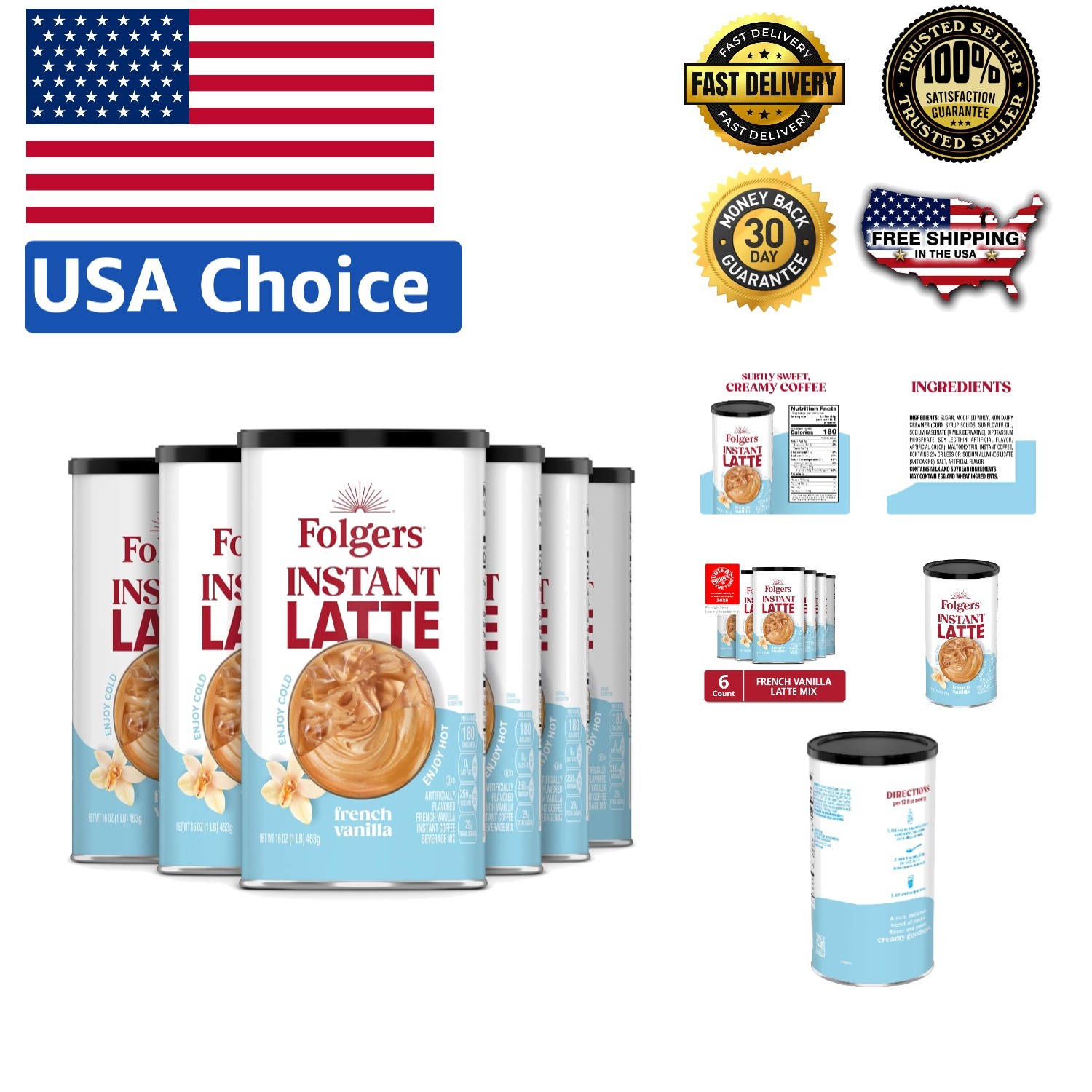 Quick and Delicious French Vanilla Instant Latte Mix - 16 oz Canisters (6-Pack)