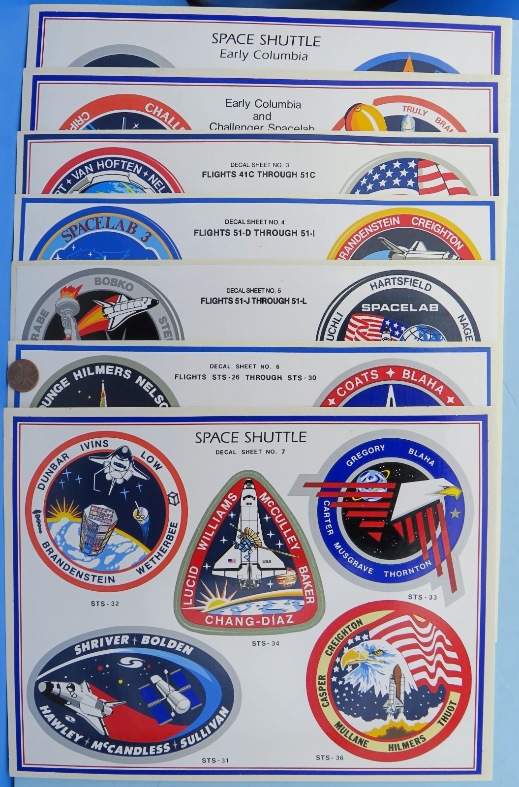 Space Shuttle STICKER Sheet Lot of 7 vtg STS-1 to STS-36 Columbia Atlantis NASA