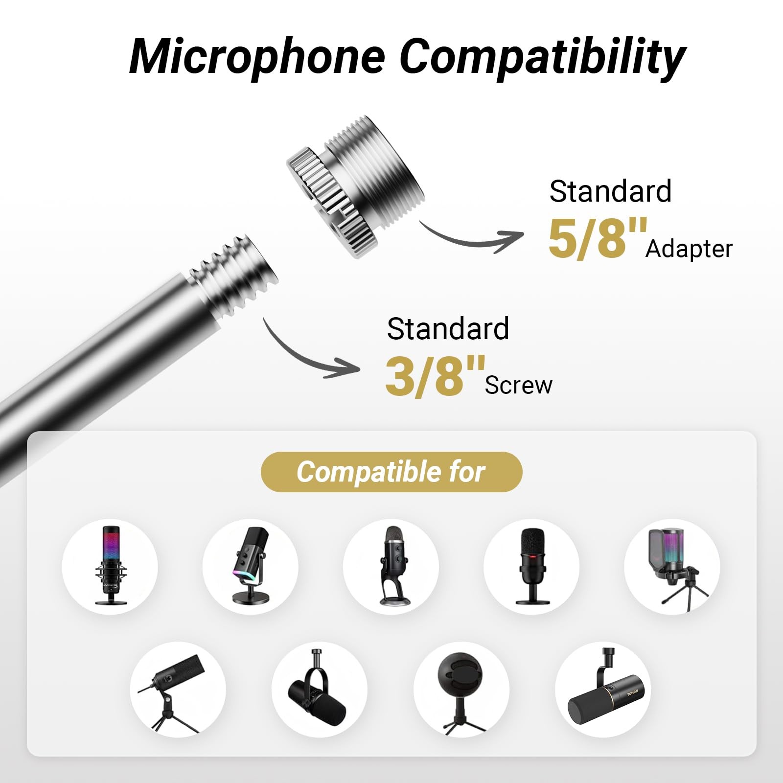 Microphone Boom Arm Adjustable Stand Pop Filter 3/8 & 5/8 Adapter Riser T10L+