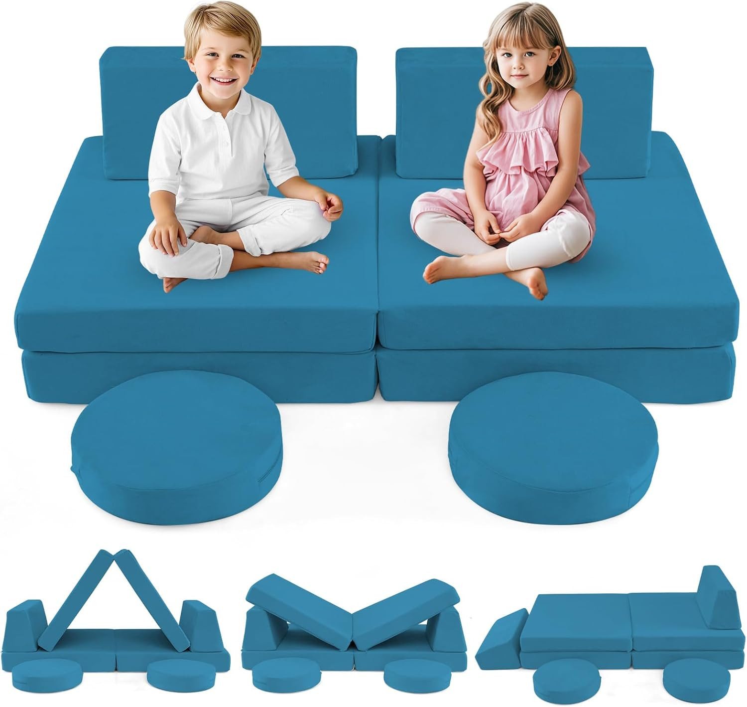 Modular Kids Play Couch - 6 PCS Soft Foam Furniture for Creative Play (Blue)