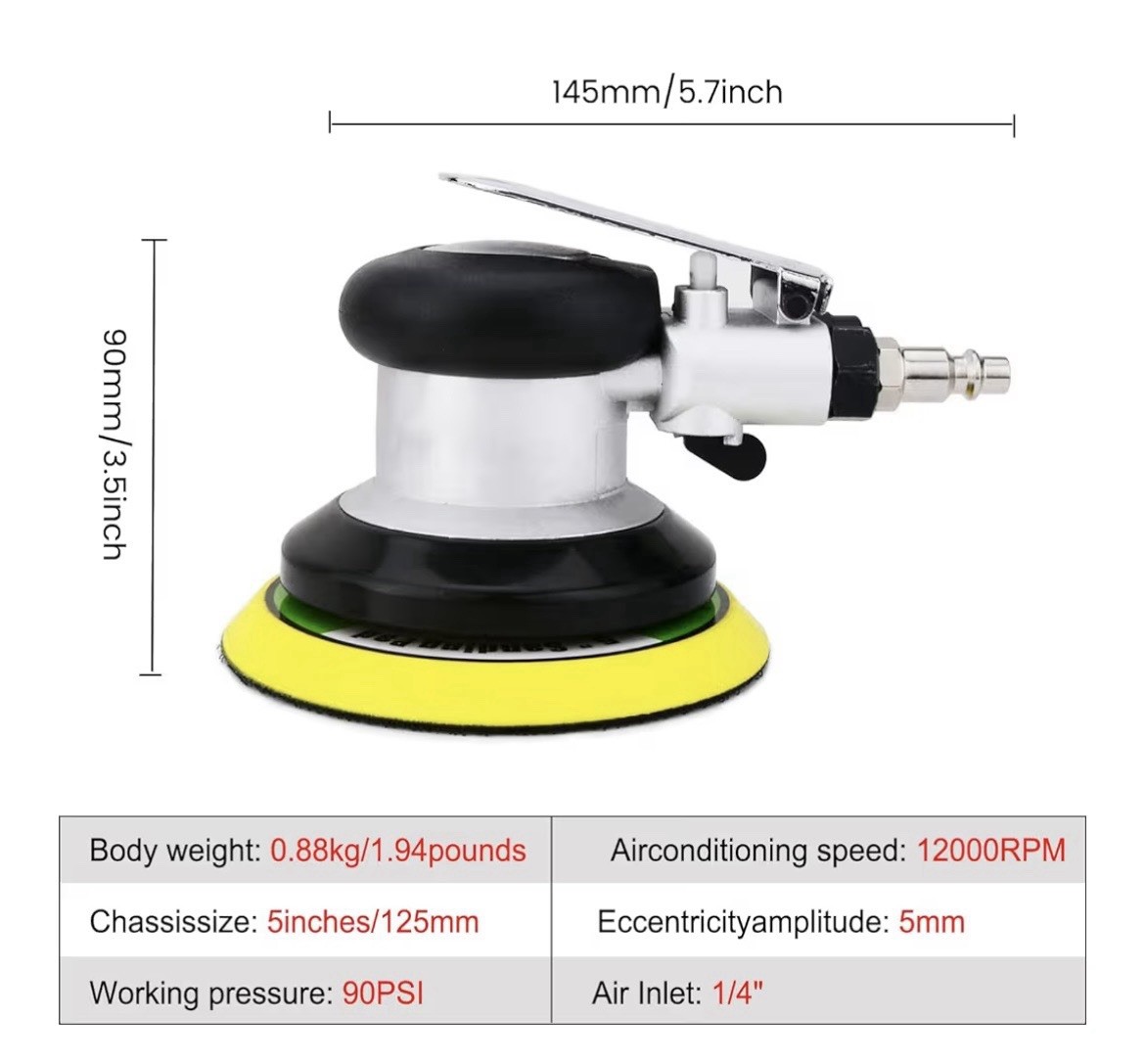 5” Black Pneumatic Orbital Sander, Palm Held, Adjustable Grinder Sander