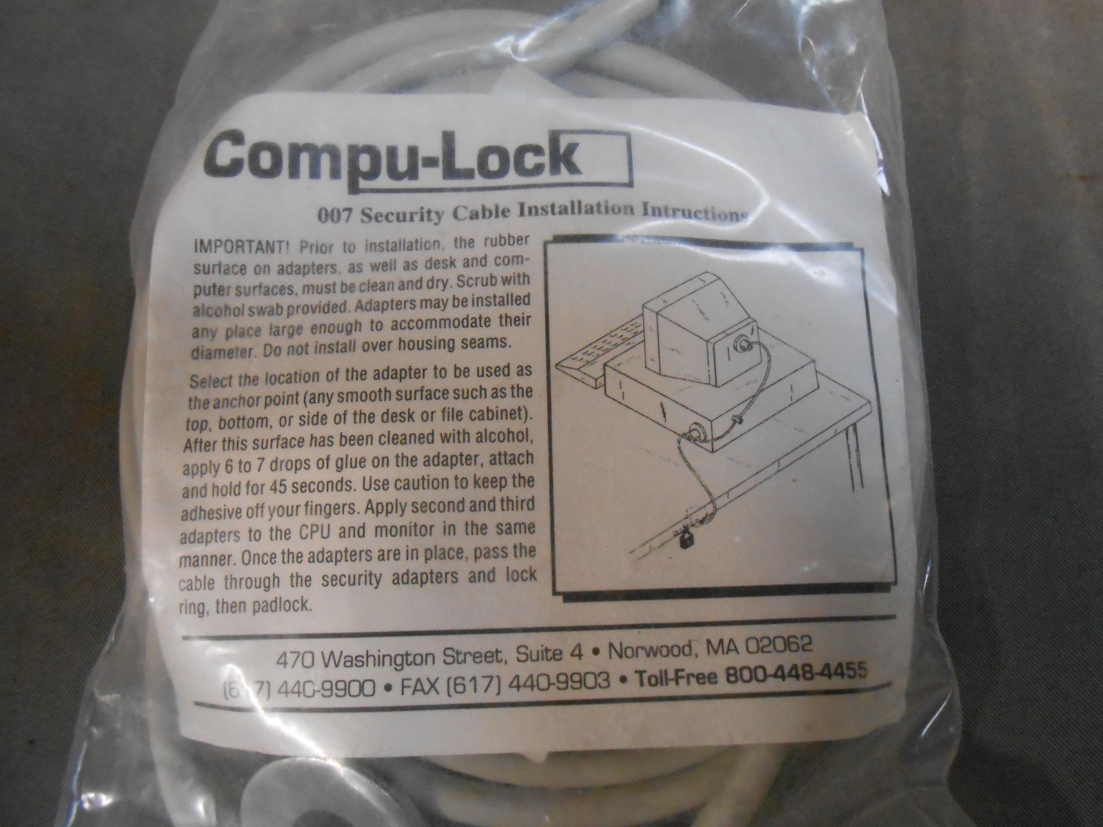 NOS Vintage Compu-Lock 007 Desktop Computer Key Lock and Cable